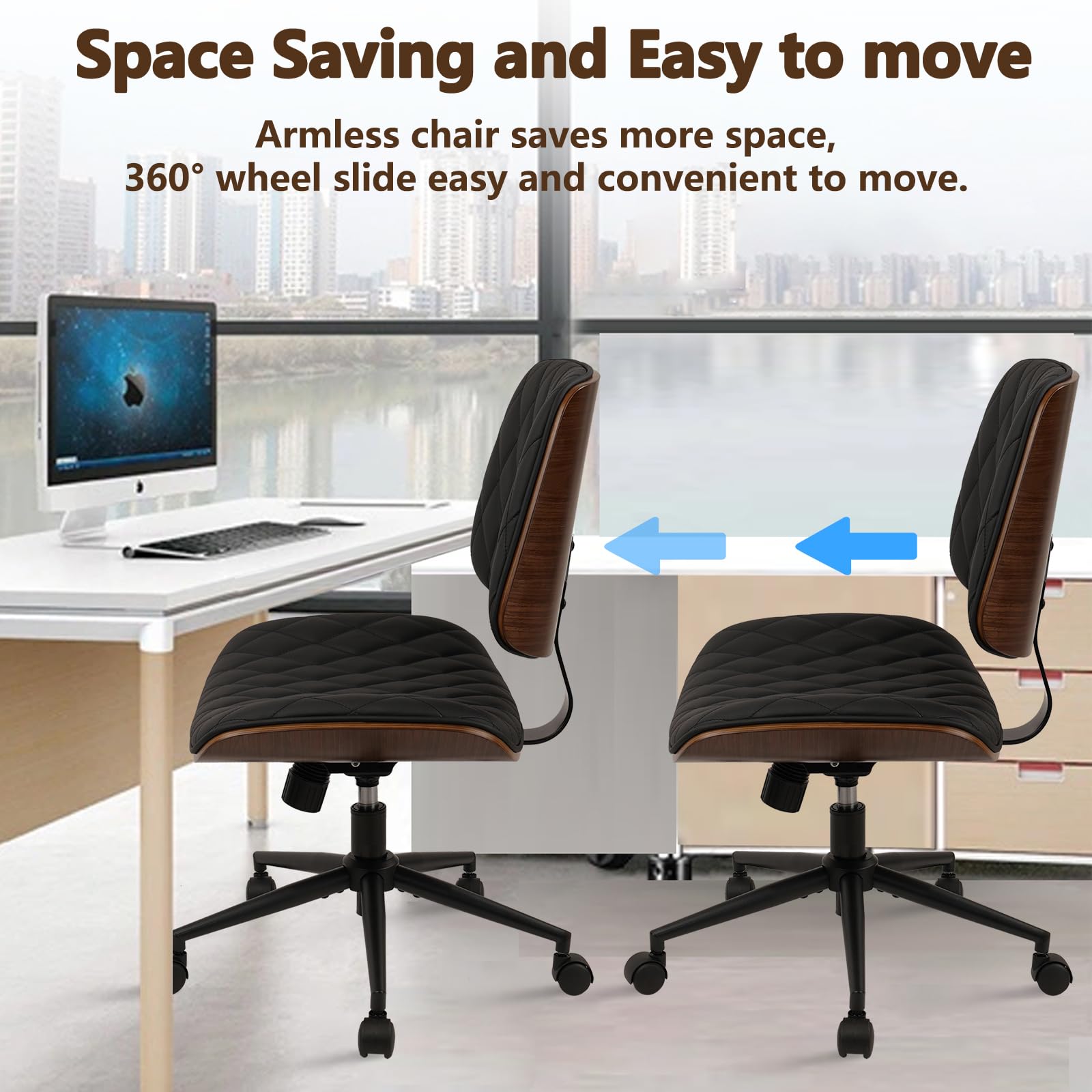 (4 pk) Home Office Desk Chair with Wheels, Adjustable Height Armless Office Chair, PU Leather Mid Back 360 Swivel Computer Chair, Modern Walnut Chair for Home, Meeting, Reading Room,Black