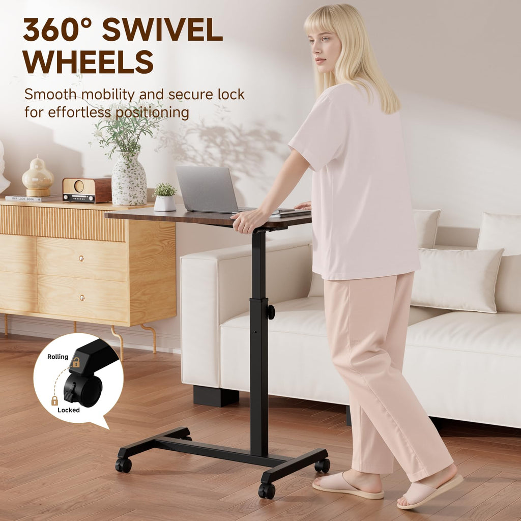 Small Standing Desk, 24 Inches Foldable Mobile Rolling Laptop PC Table with Lockable Casters, Adjustable Height Overbed Bedside Table Computer Workstation for Home Office, Walnut-Foldable