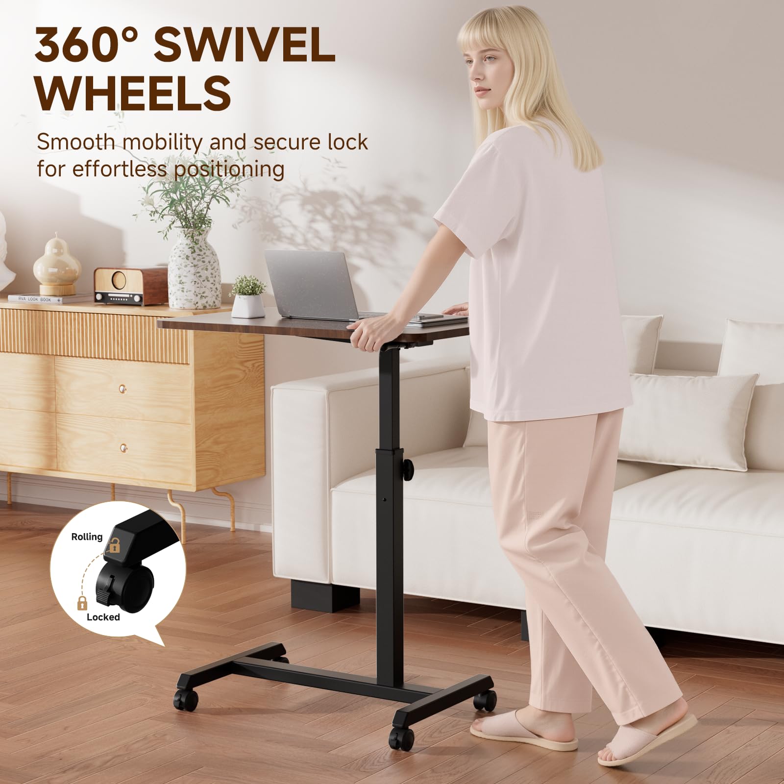 Small Standing Desk, 24 Inches Foldable Mobile Rolling Laptop PC Table with Lockable Casters, Adjustable Height Overbed Bedside Table Computer Workstation for Home Office, Walnut-Foldable