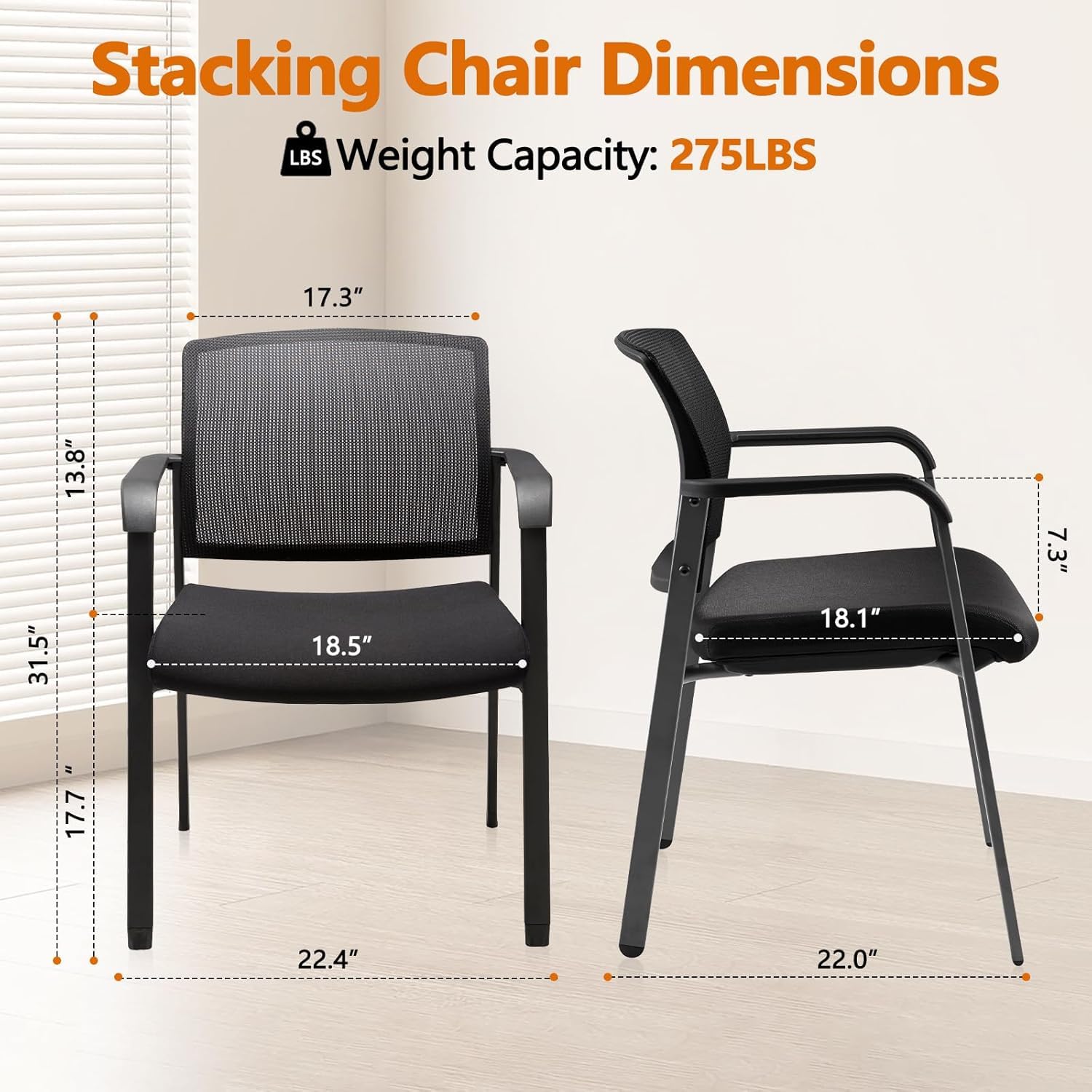 Set of 8, Mesh Back Stacking Arm Chairs with Upholstered Fabric Seat and Ergonomic Lumbar Support for Office School Church Guest Reception Black  New Version