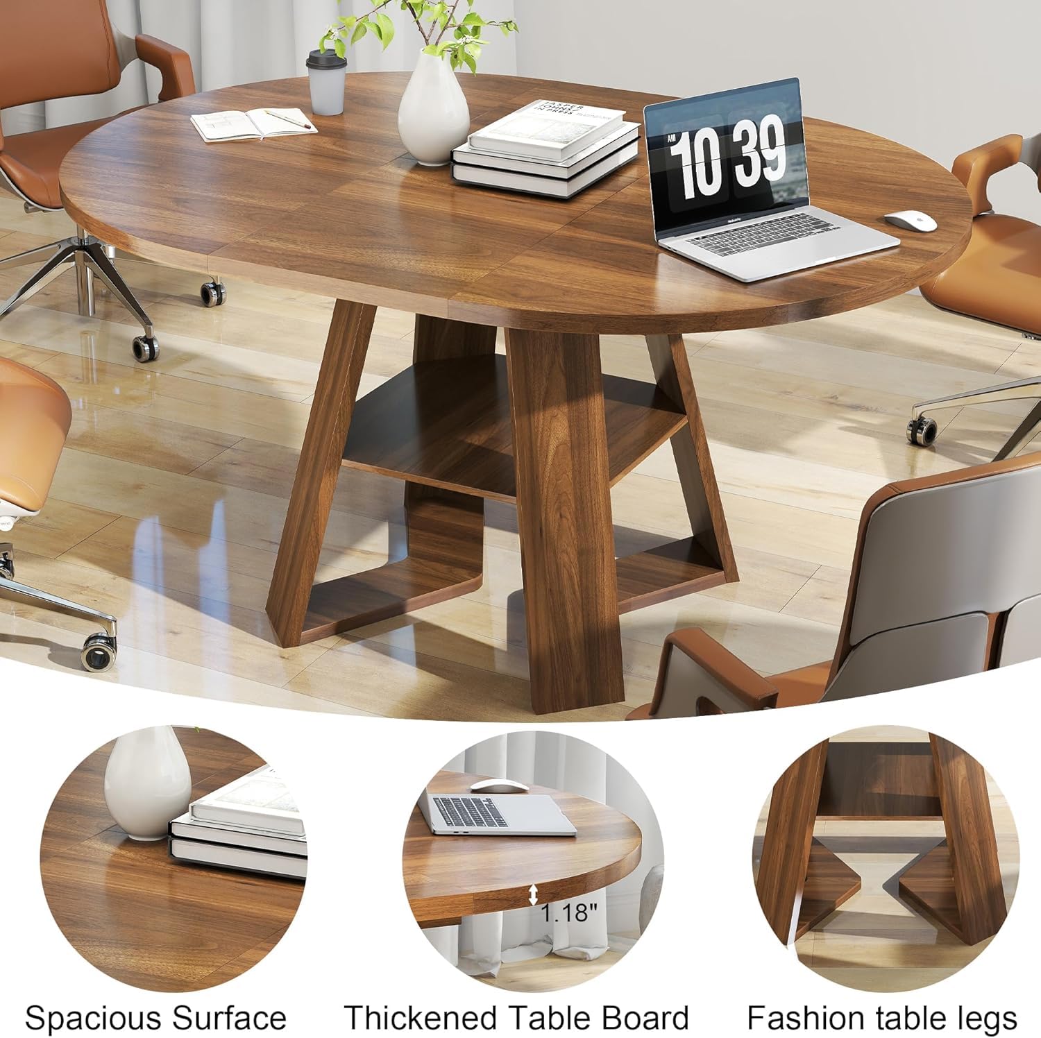 Round Conference Table for 4-6 People,43.3in-59in Extendable Wooden Oval Meeting Room Table with Removable Leaves,Space Saving,Office Table with Storage Shelf for for Office Conference Room (Walnut)
