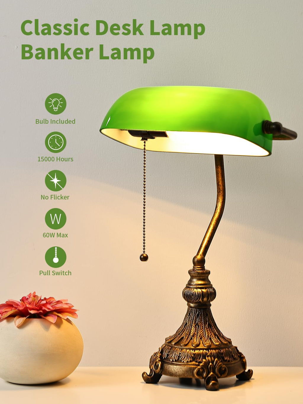 Vintage Green Glass Bankers Desk Lamp, LED Bulb Included