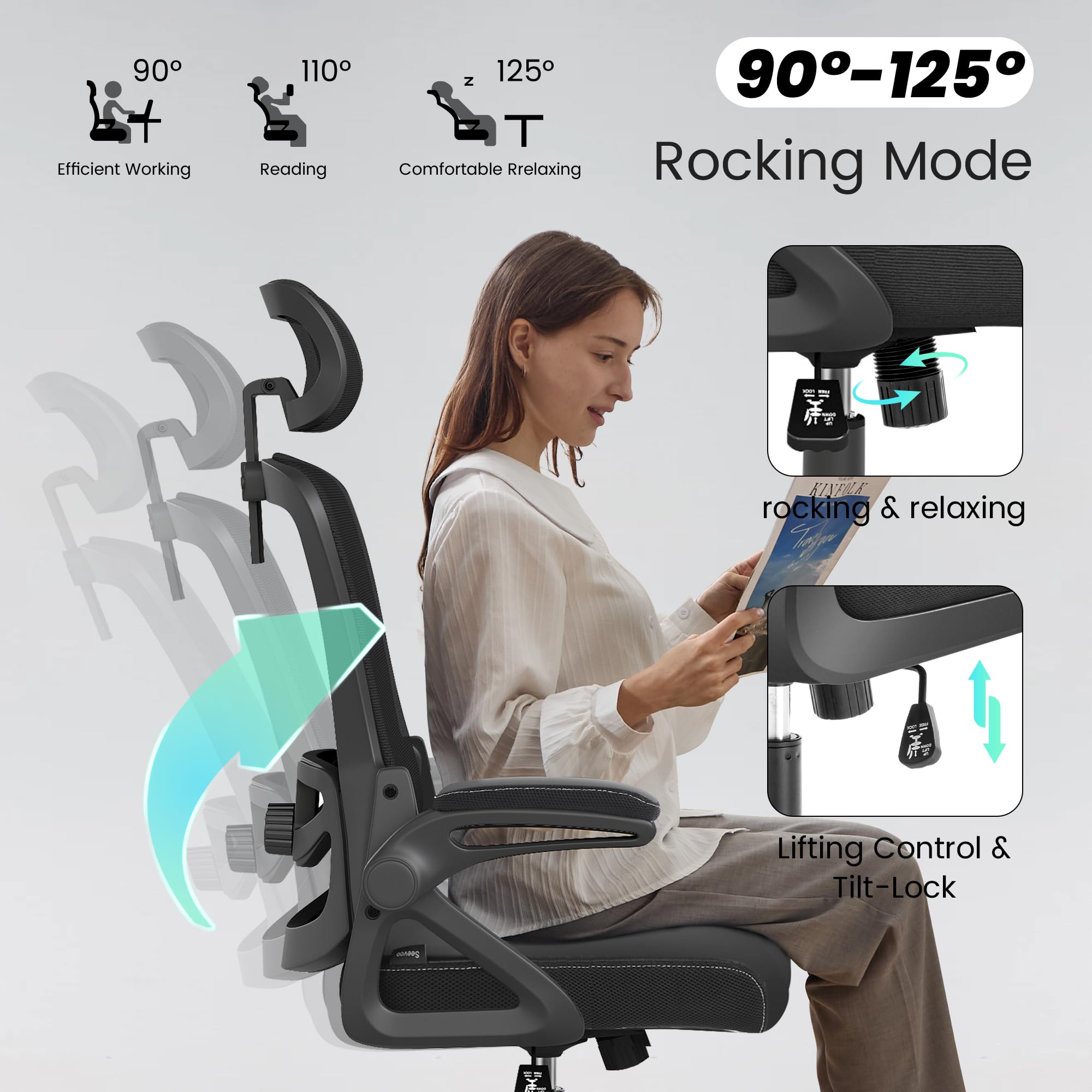 Office Chair, Ergonomic Office Chair with Adjustable Headrest Lumbar Support Computer Chair, Desk Chair Comfy with Flip-up Armrests, Gaming Chairs for Adults Home Office (Leather, Black)