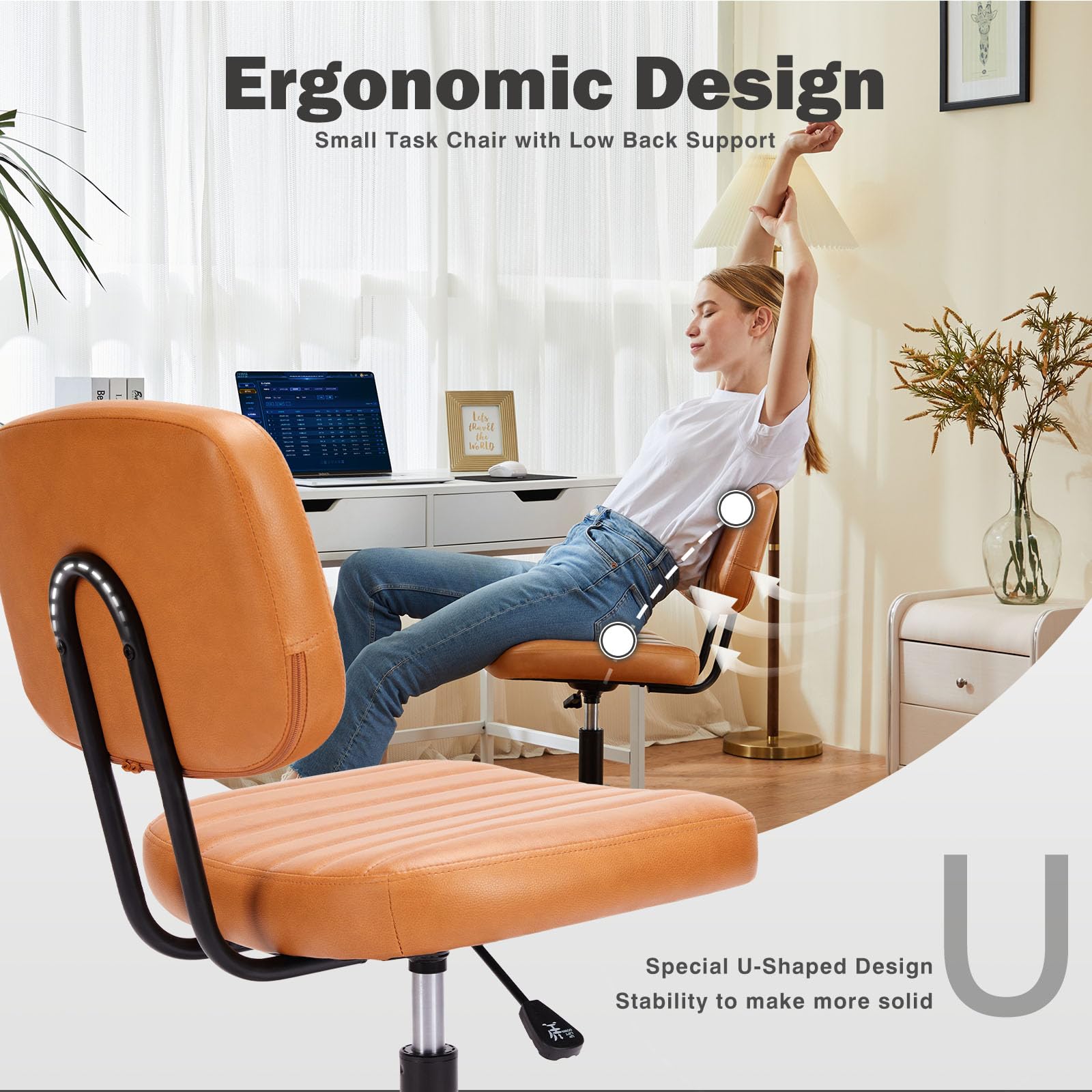 Armless Office Chair: Small Desk Chair with Low Back Lumbar Support, Height Adjustable PU Leather Computer Task with 360° Swivel Wheels, for Adults, Brown