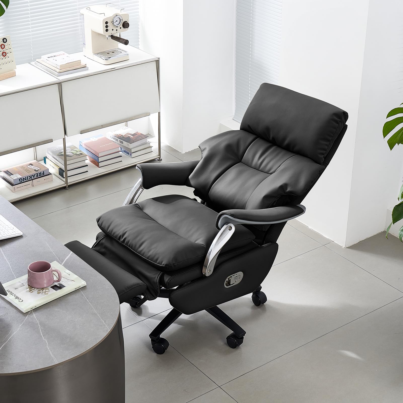 Ergonomic Office Chair with Foot Rest Electric Executive Office Chair-Power Reclining with Massage Big and Tall High Back Computer Chair with Wheels, Sustainable Leather（Black）