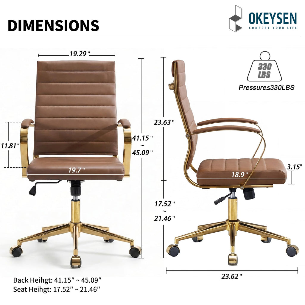 Gold Office Desk Chair, Ergonomic Leather Modern Conference Room Chairs, Executive Ribbed Height Adjustable Swivel Rolling Golden Chair for Home Office.