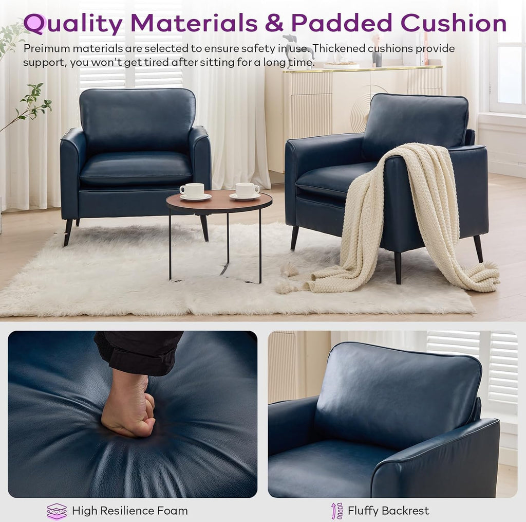 Accent Chairs Set of 2, Faux Leather Chairs, Mid Century Modern Comfy Living Room Chairs, Cozy Office Reading Chair, Reception Armchairs for Living Room, Waiting Room, Bedroom (Blue)