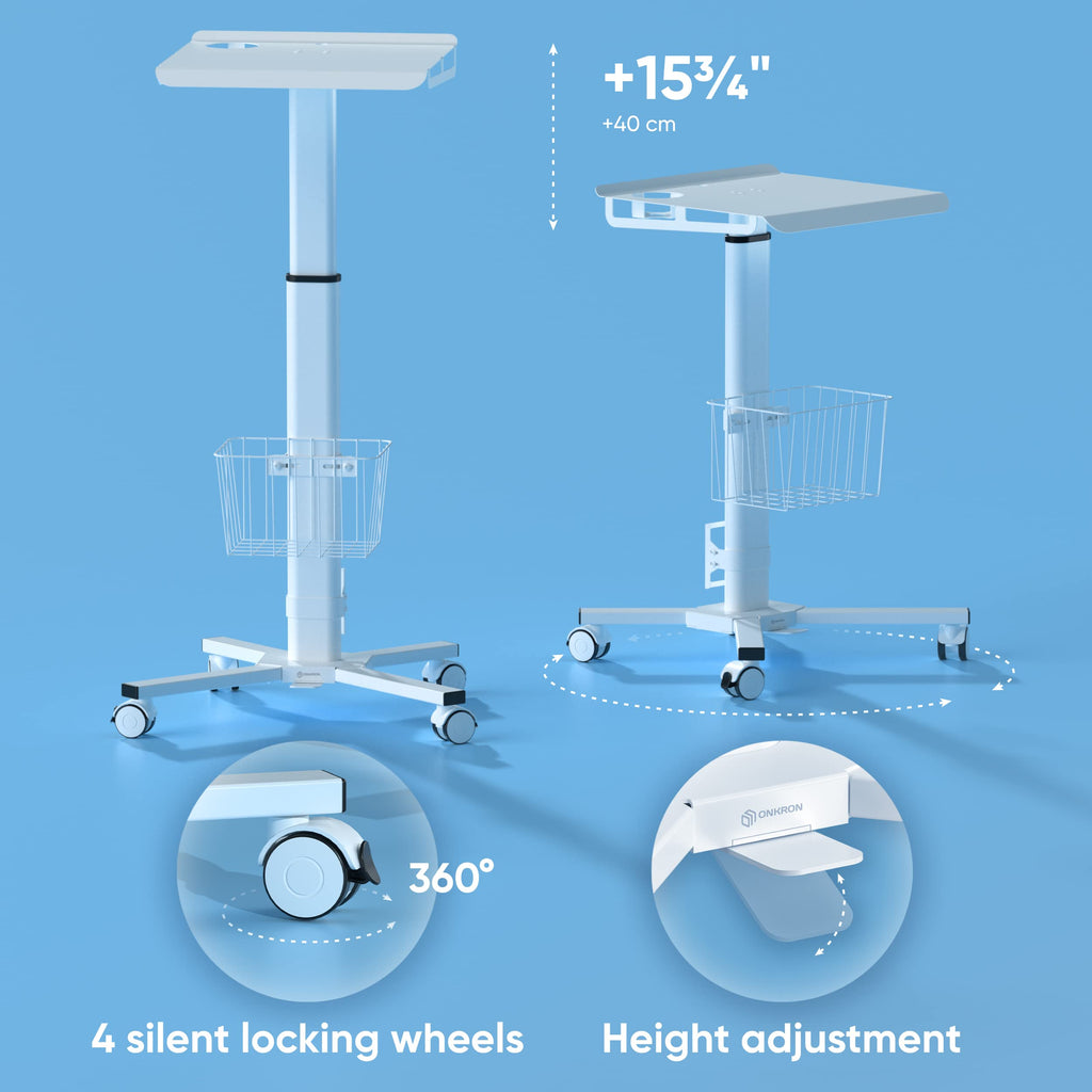 Mobile Laptop Cart on Wheels, Load up to 17.6 lbs, Standing Rolling Desk Adjustable Height, Portable Workstation for Laptop/Small Computer Cart for Couch, Home, Office White