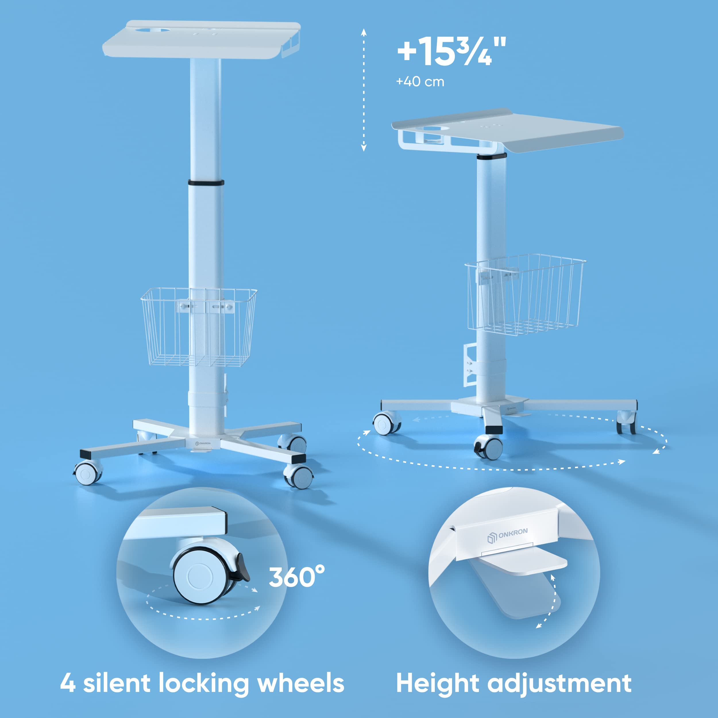 Mobile Laptop Cart on Wheels, Load up to 17.6 lbs, Standing Rolling Desk Adjustable Height, Portable Workstation for Laptop/Small Computer Cart for Couch, Home, Office White
