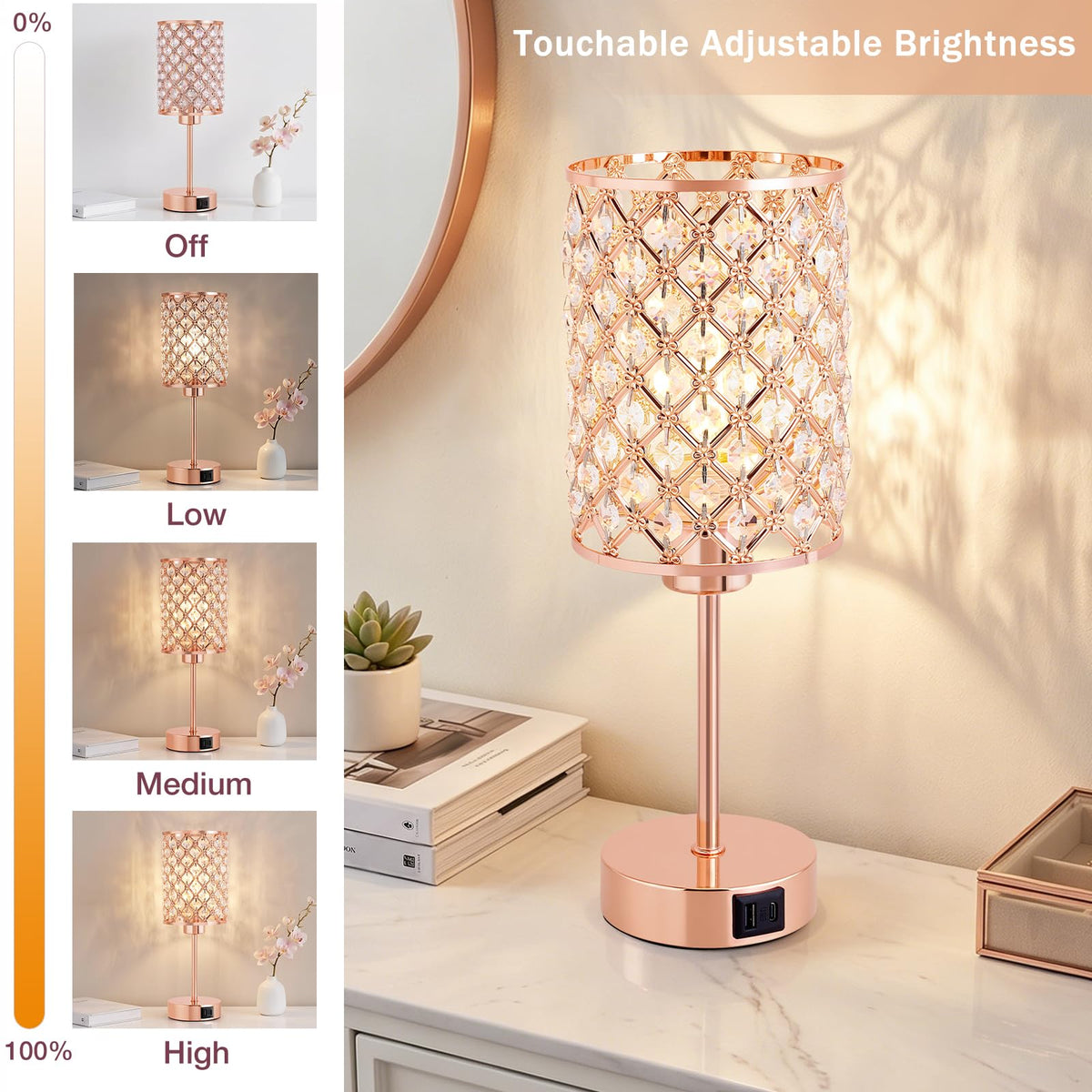 Crystal Table Lamp, Rose Gold Touch Lamp with USB C+A Port, 3-Way Dimmable