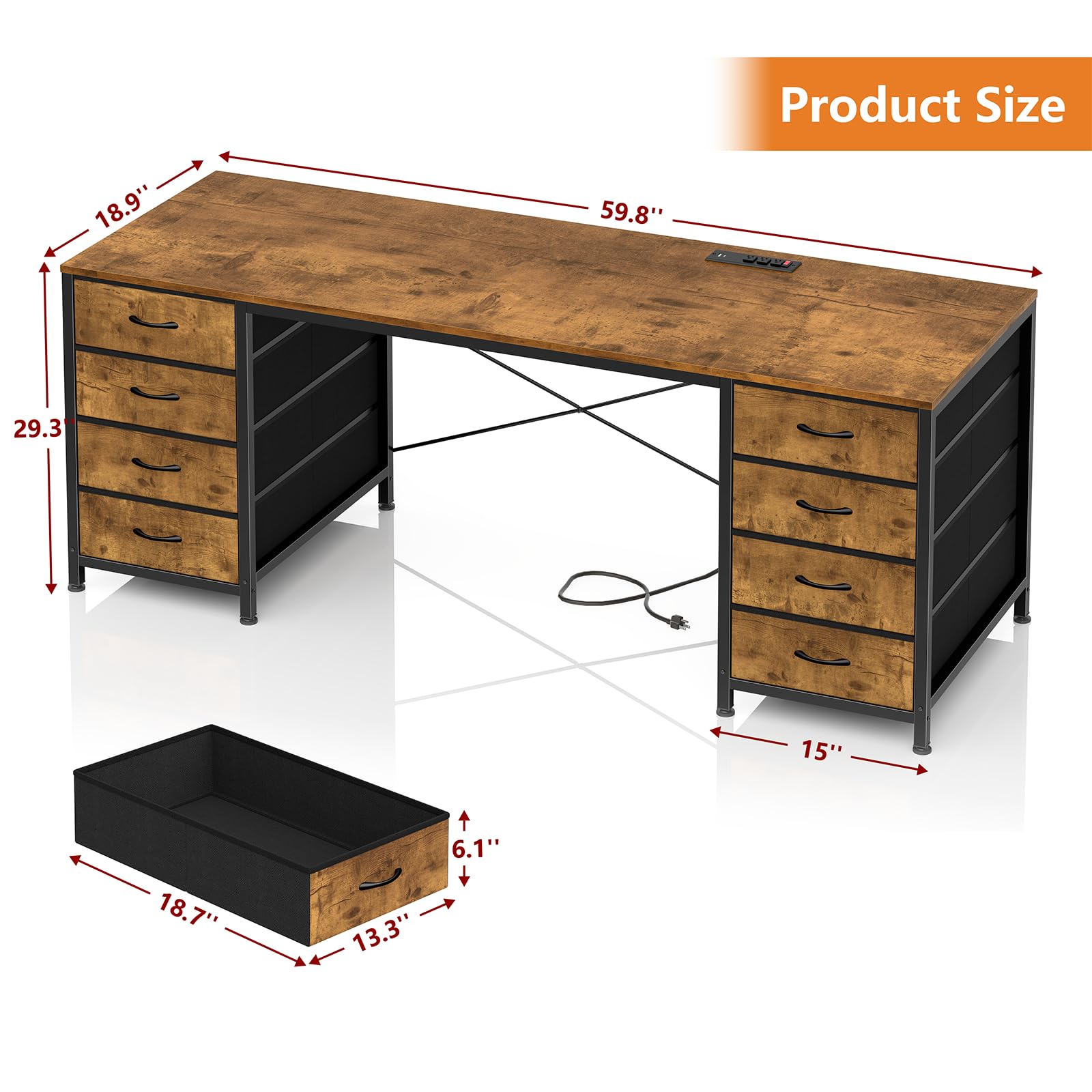 60 Inch Computer Desk with 8 Drawers, Home Office Desk with Power Outlets, Work Study Gaming Desk with 8 Fabric Drawers, Rustic Brown