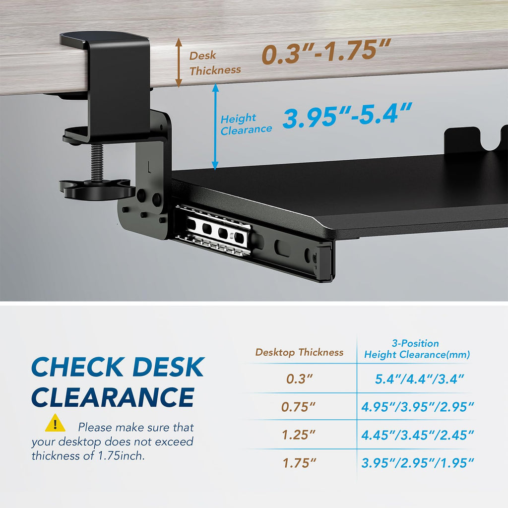 Keyboard Tray Under Desk Pull Out with 3 Height Adjustable Extra Sturdy C Clamp Mount System, 32.8 (38 inch Including Clamps) x 12 Inch Slide-Out Platform Computer Drawer for Typing