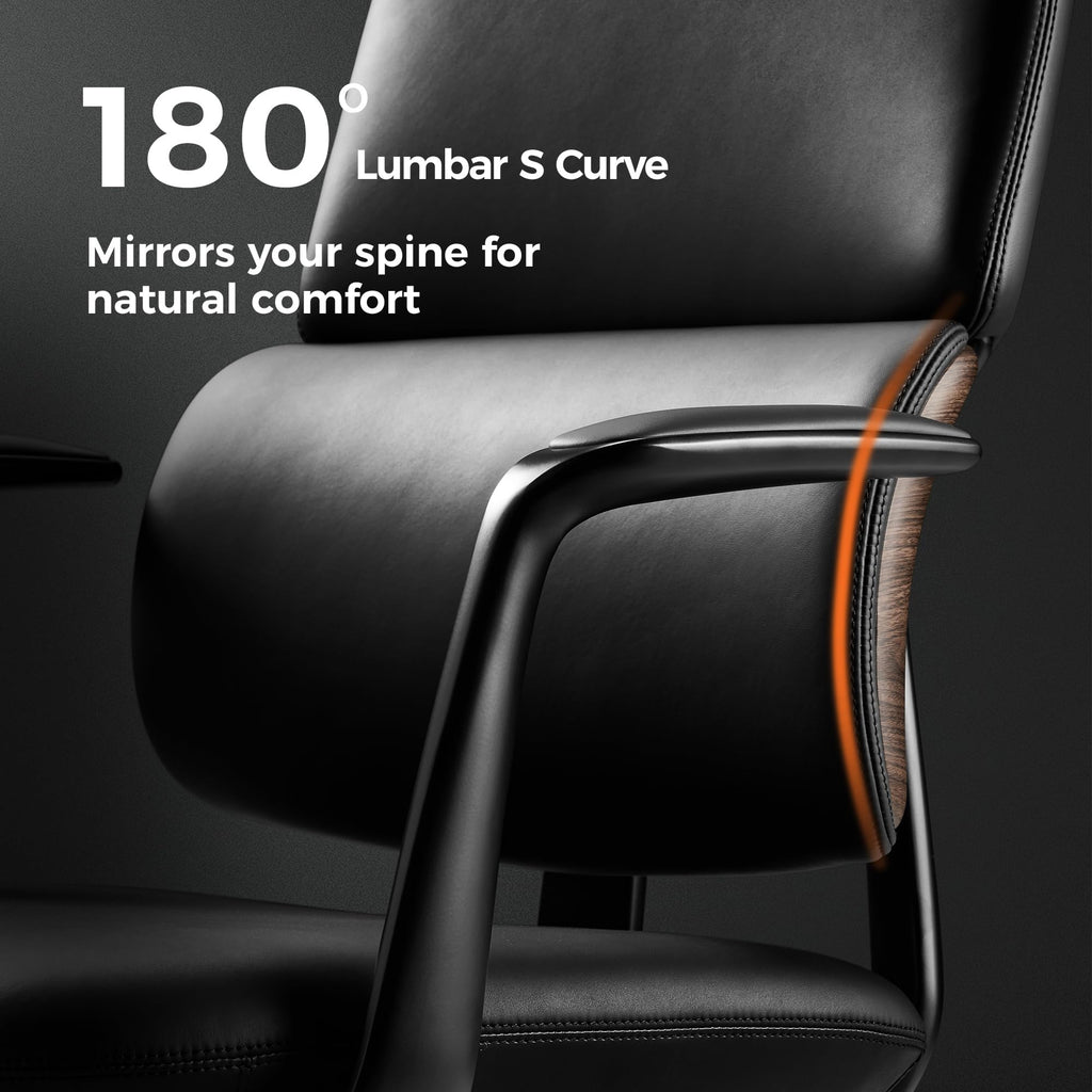 Genuine Leather Office Desk Chair, Ergonomic Leather Executive Office Chair, Upgraded Wood Grain Finish and S Curve Back with Solid Aluminum Frame, Luxury and Mordern
