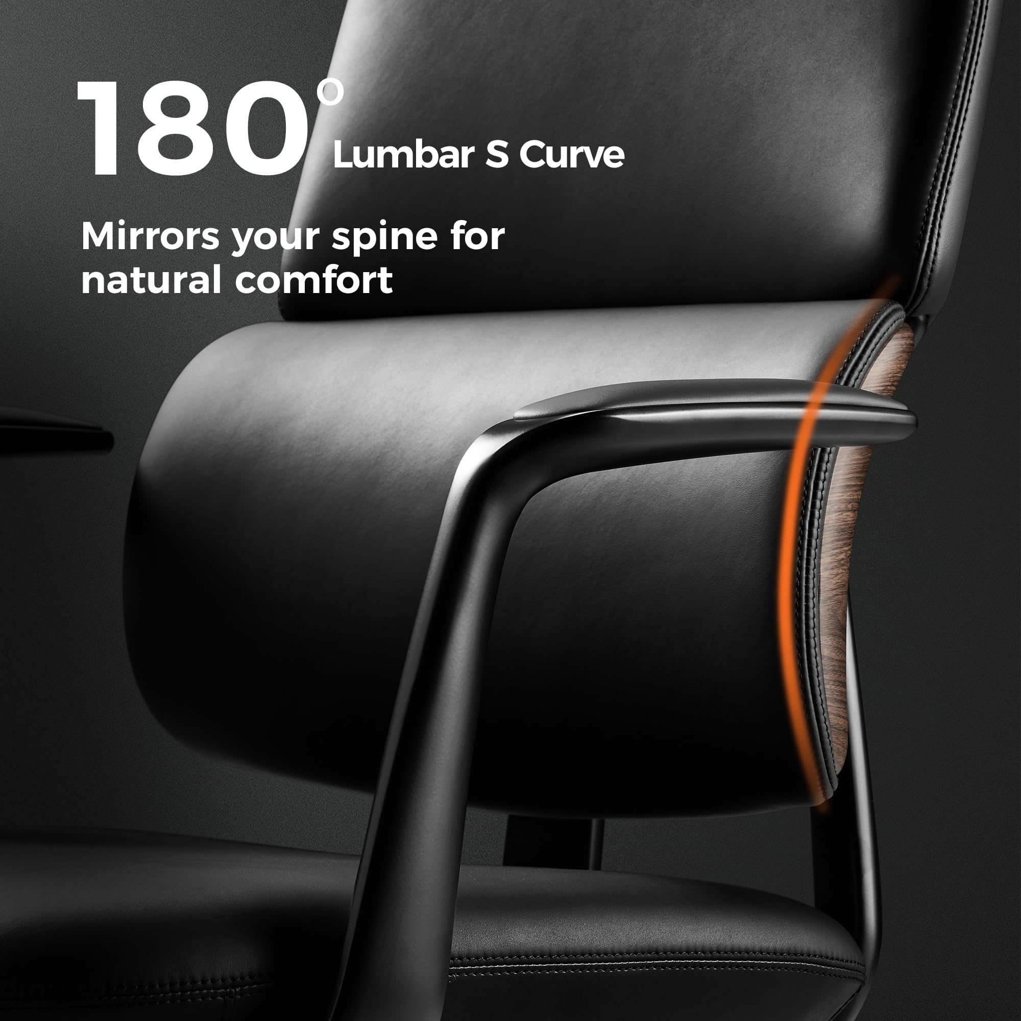 Genuine Leather Office Desk Chair, Ergonomic Leather Executive Office Chair, Upgraded Wood Grain Finish and S Curve Back with Solid Aluminum Frame, Luxury and Mordern