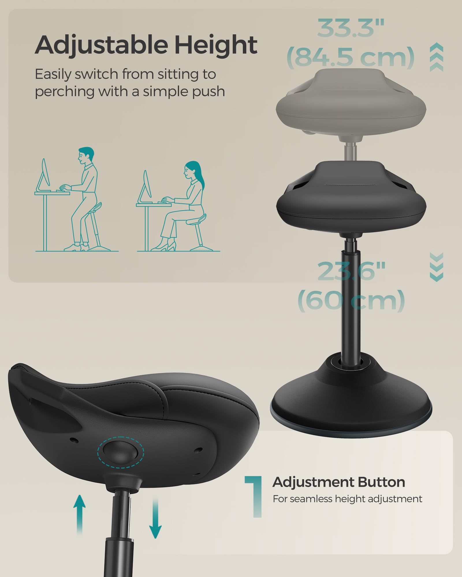 Ergonomic Sit Stand Stool, Height Adjustable Standing Desk Stool 23.6-33.3 Inches, Swivel Balance Chair with Non-Slip Base, Standing Chair, for Active Sitting, Office, Home, Ink Black