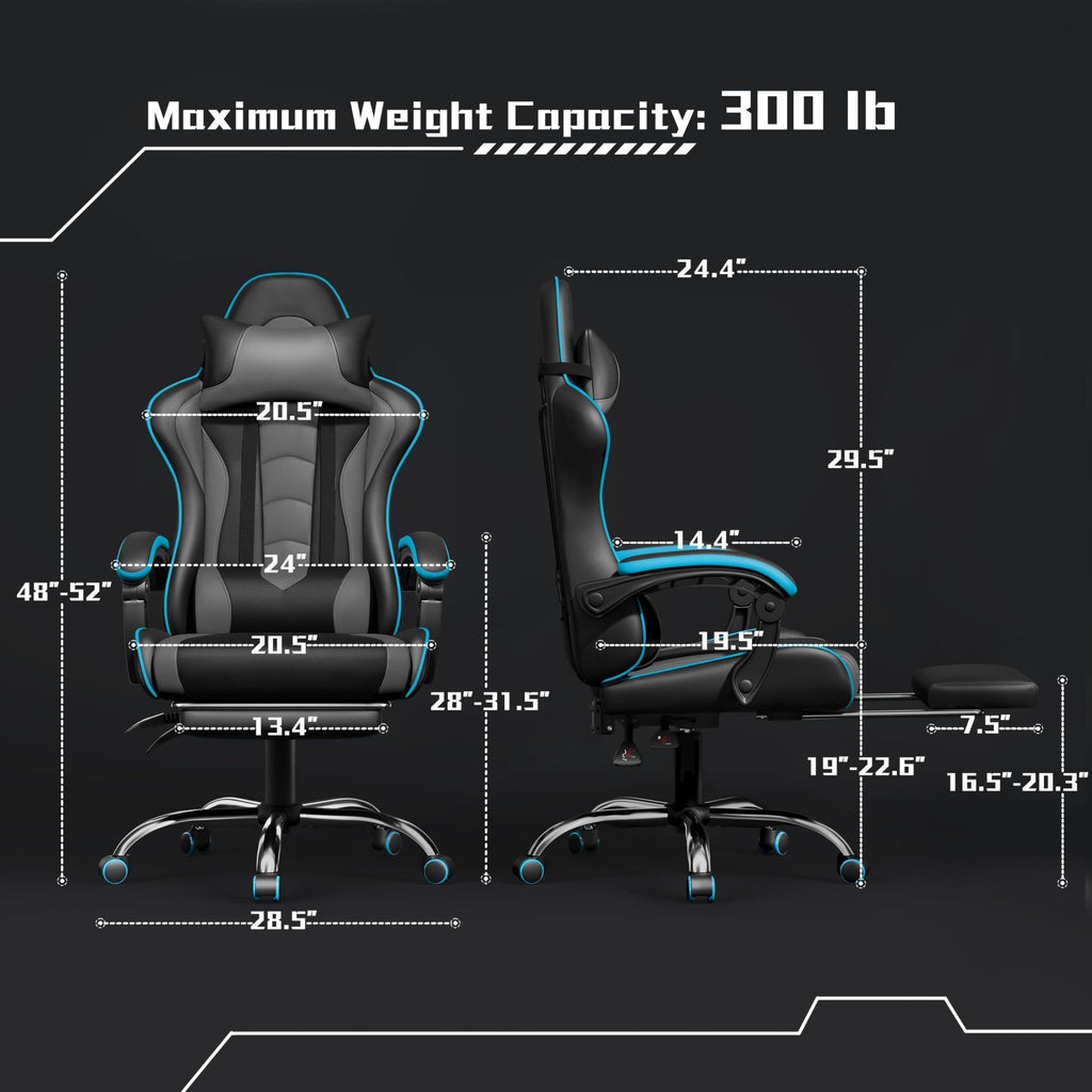Gaming Chair, Video Game Chair with Massage Lumbar Support and Footrest Height Adjustable Ergonomic Computer Chair with Swivel Seat and Headrest, Black/Gray