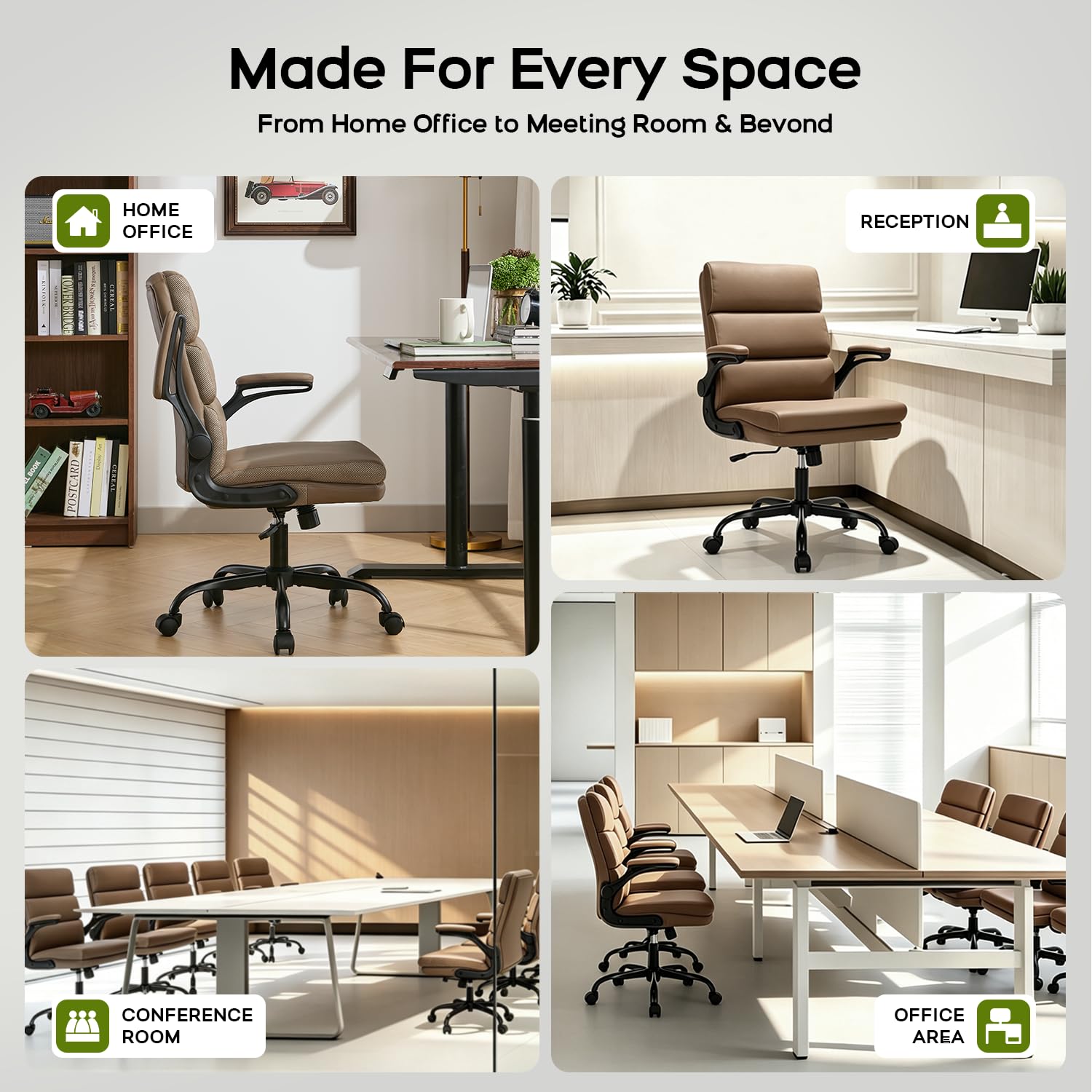 Office Chair Adjustable Desk Chair Mid Back Executive Comfortable Bonded Leather Ergonomic Back Support Home Computer Chairs with Padded Flip-up Armrest Swivel Wheels (Tan)