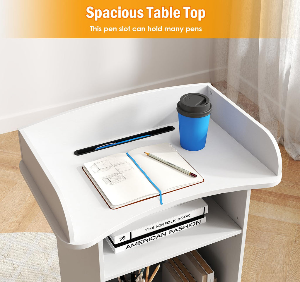 Podium Stand Portable,Mobile Pulpit Podium with Lockable Wheels,Wooden Hostess Stand Reception Desk with Adjustable Shelf and Storage Cabinet for Churches Conference School