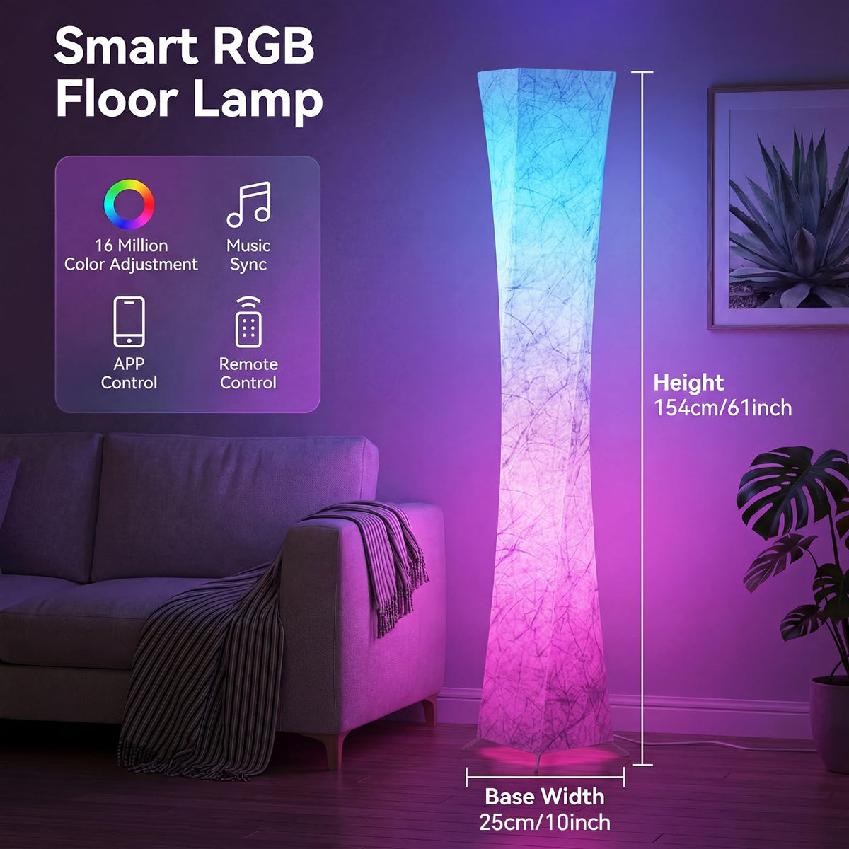 RGB Square Floor Lamp, 61'' Smart LED Corner Lamp with App and Remote Control, 16 Million DIY Colors, Music Sync, Modern Standing Lamp for Living Room Bedroom Gaming