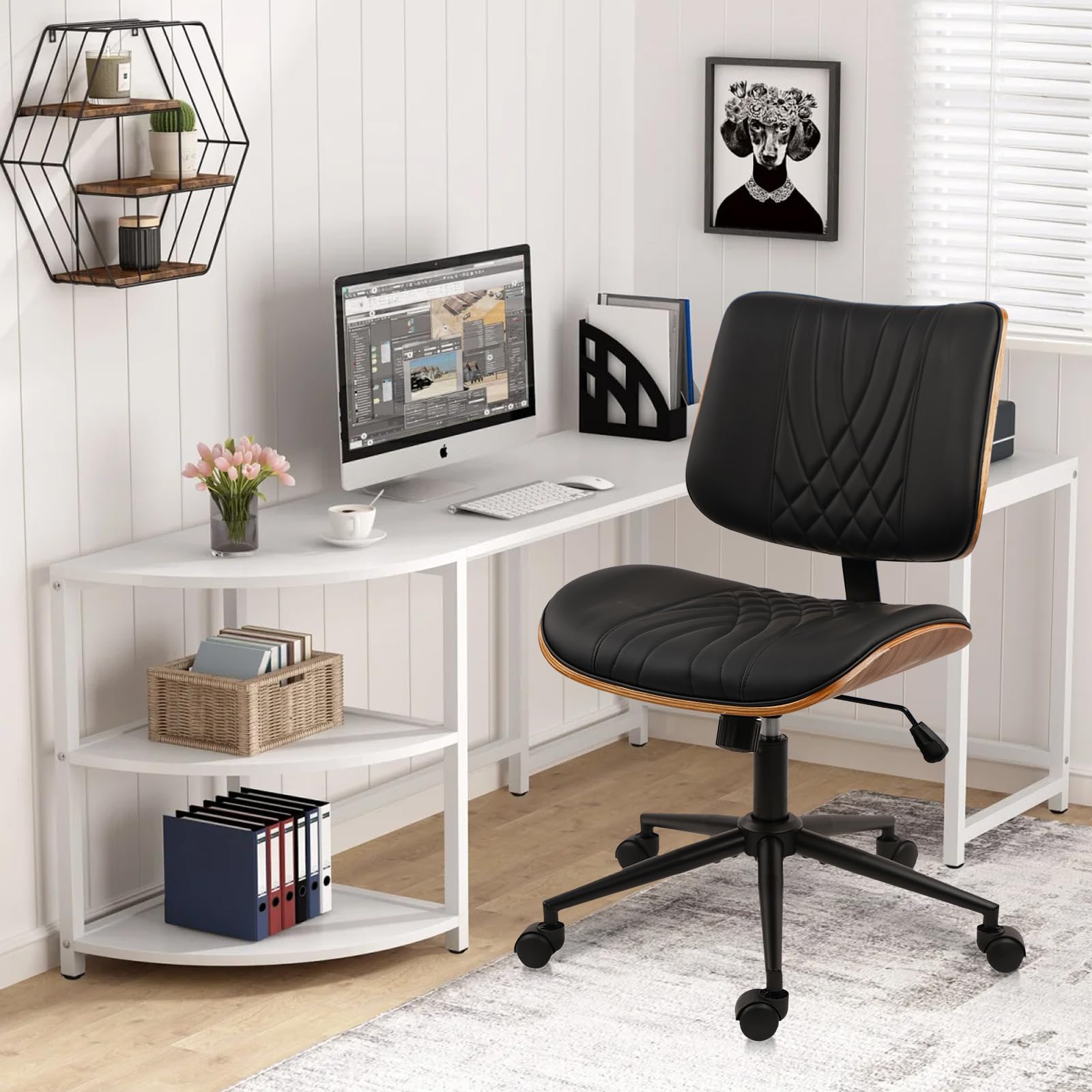 Armless Home Office Chair, Desk Chair with Wheels, Adjustable Height Reading Chair, Leather Mid Back & Swivel Computer Chair, Modern Walnut Chairs with Back for Studio Meeting Room(Black)