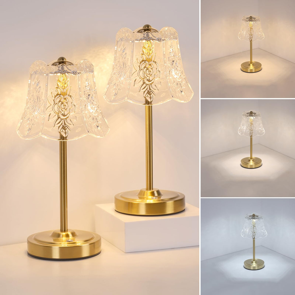 Set of 2 Cordless Touch Table Lamp with 5200mAh Battery - 3 Adjustable Color Temperatures & Dimmable, Rechargeable Lamp for Bedsides, Living Room, Entryway, Bookshelves (Transparent Rose)