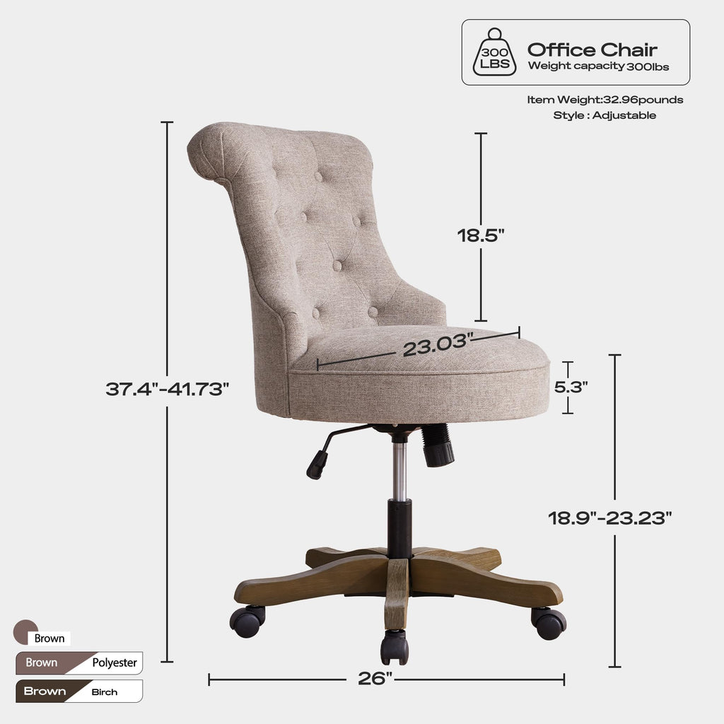 Home Office Chair Upholstered Armless Linen Fabric Desk Chair with Wheels Adjustable Height Computer Desk Chair with Wooden Legs No Arms Swivel Chairs for Farmhouse Women Study Studio (Brown)