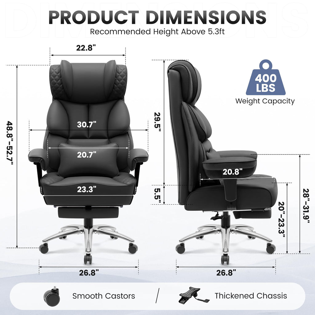 Office Desk Chair, Big and Tall Leather Gaming Chair with Footrest, Wide Ergonomic Comfy Executive High-Back Reclining Computer Chairs, Swivel Rolling Wheels and Padded Lumbar Support, Black