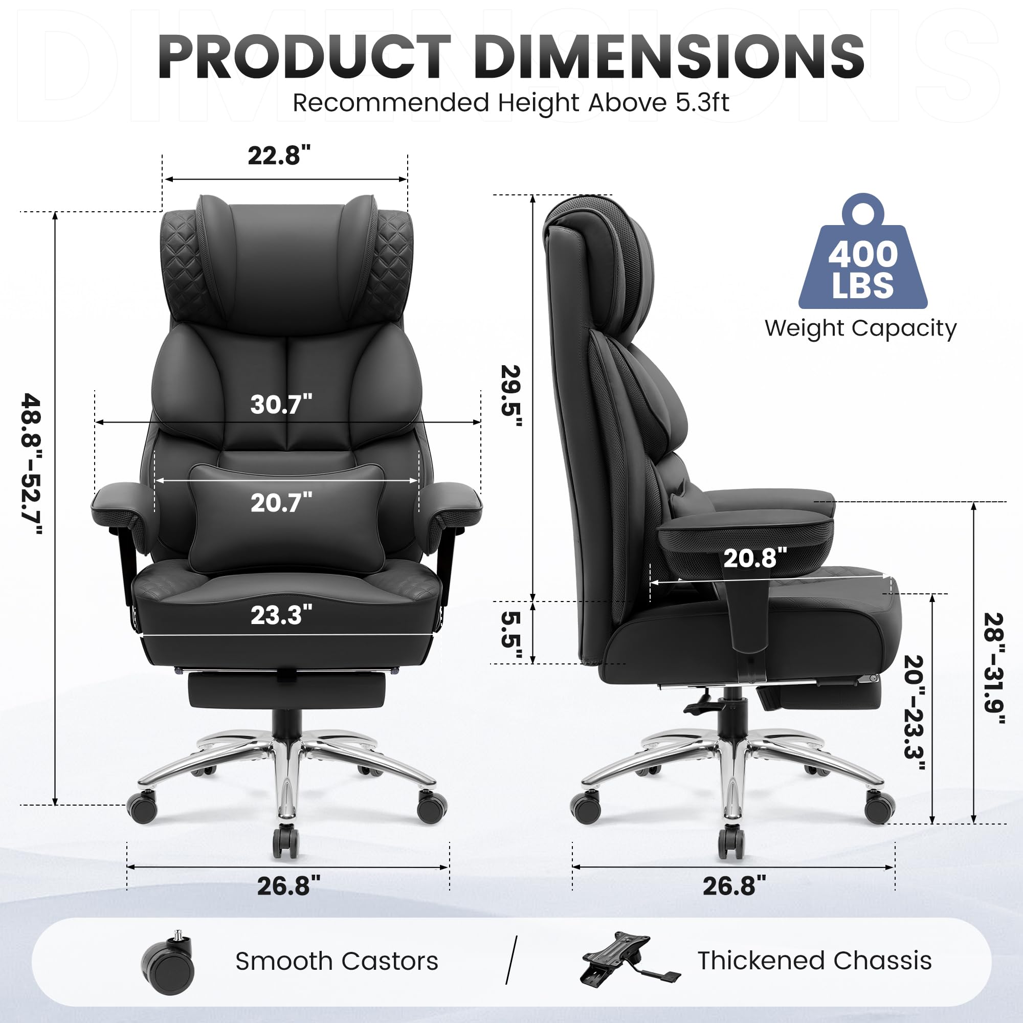 Office Desk Chair, Big and Tall Leather Gaming Chair with Footrest, Wide Ergonomic Comfy Executive High-Back Reclining Computer Chairs, Swivel Rolling Wheels and Padded Lumbar Support, Black