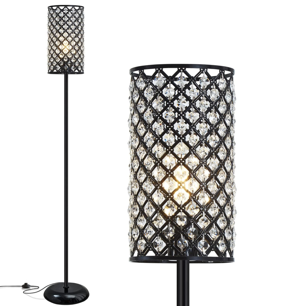 Crystal Floor Lamp, Modern Standing Lamp with Elegant Shade Black Floor Lamp with On/Off Foot Switch,Tall Pole Accent Lighting for Living Room, Girl Bedroom, Dresser, Office