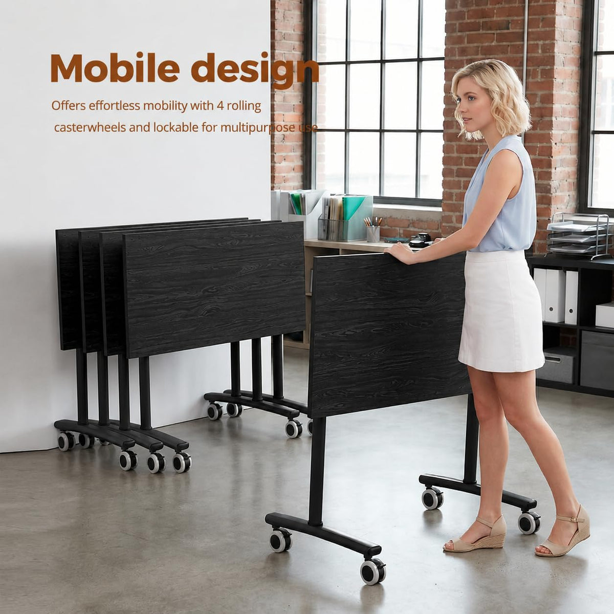 12 Pack Flip Top Training Table with Lockable Wheels, Mobile Nesting Folding Conference Table, Space Saving Seminar Desk for Classroom, Office, Library（Black, 47"×16"×30"