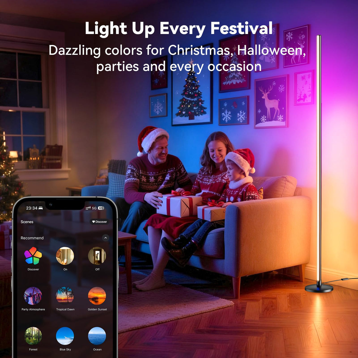 RGB LED Corner Floor Lamp, Music Sync, App Remote, Ambient Lighting