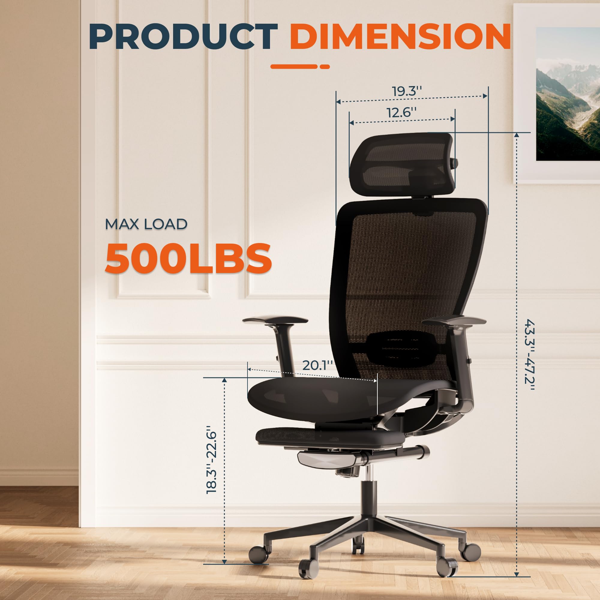 FitStand ErgoChair Pro Big and Tall Office Chair for Heavy People, Swivel Computer Chair Desk Chairs, with Lumbar Support/23in Retractable Footrest/4D Headrest/500lbs Heavy Duty, Mesh Seat, Black