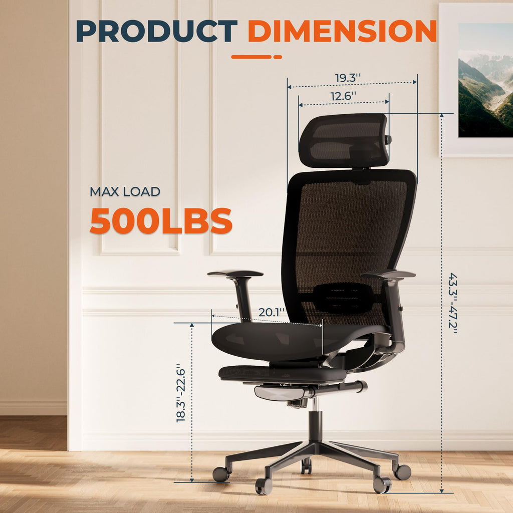 FitStand ErgoChair Pro Big and Tall Office Chair for Heavy People, Swivel Computer Chair Desk Chairs, with Lumbar Support/23in Retractable Footrest/4D Headrest/500lbs Heavy Duty, Mesh Seat, Black