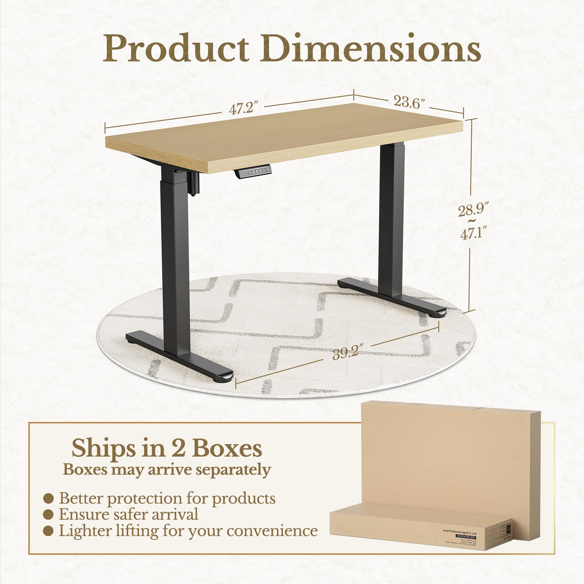 Electric Standing Desk, 48 Inch Adjustable Height Sit Stand Up Desk with 1.18" Thickness Whole-Piece Desktop, Computer Office Desk for Home Office, Light Walnut