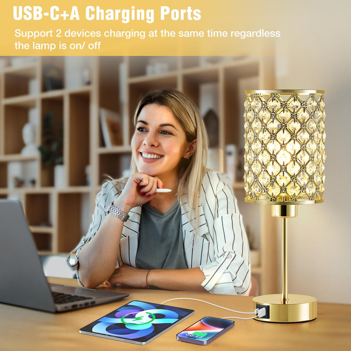 Crystal Table Lamp, Gold Touch Lamp with USB C+A Port, 3-Way Dimmable