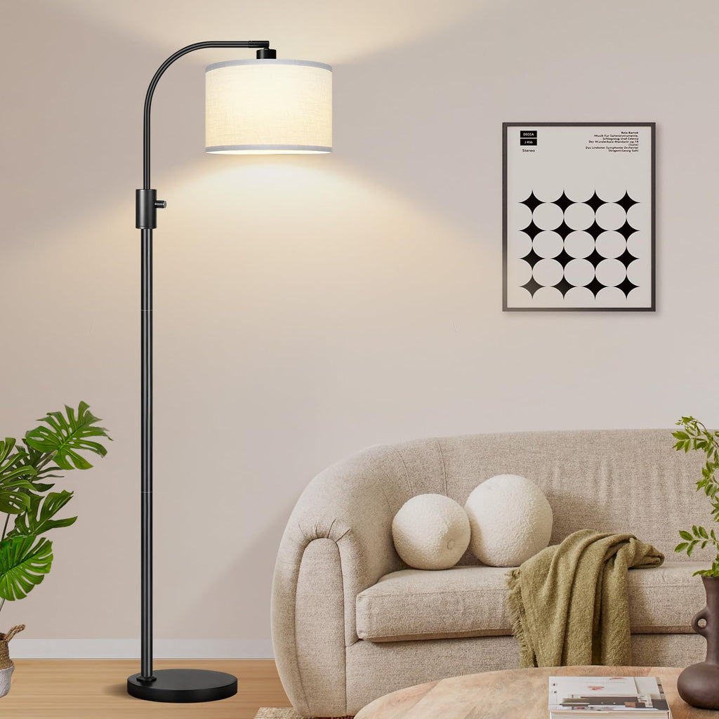 Upgraded Modern Arc Dimmable Tall Standing Floor Lamp with White Shade, 1200 Lumens LED Bulb Included, for Living & Reading Room, Bedroom, Office & Nursery, Black