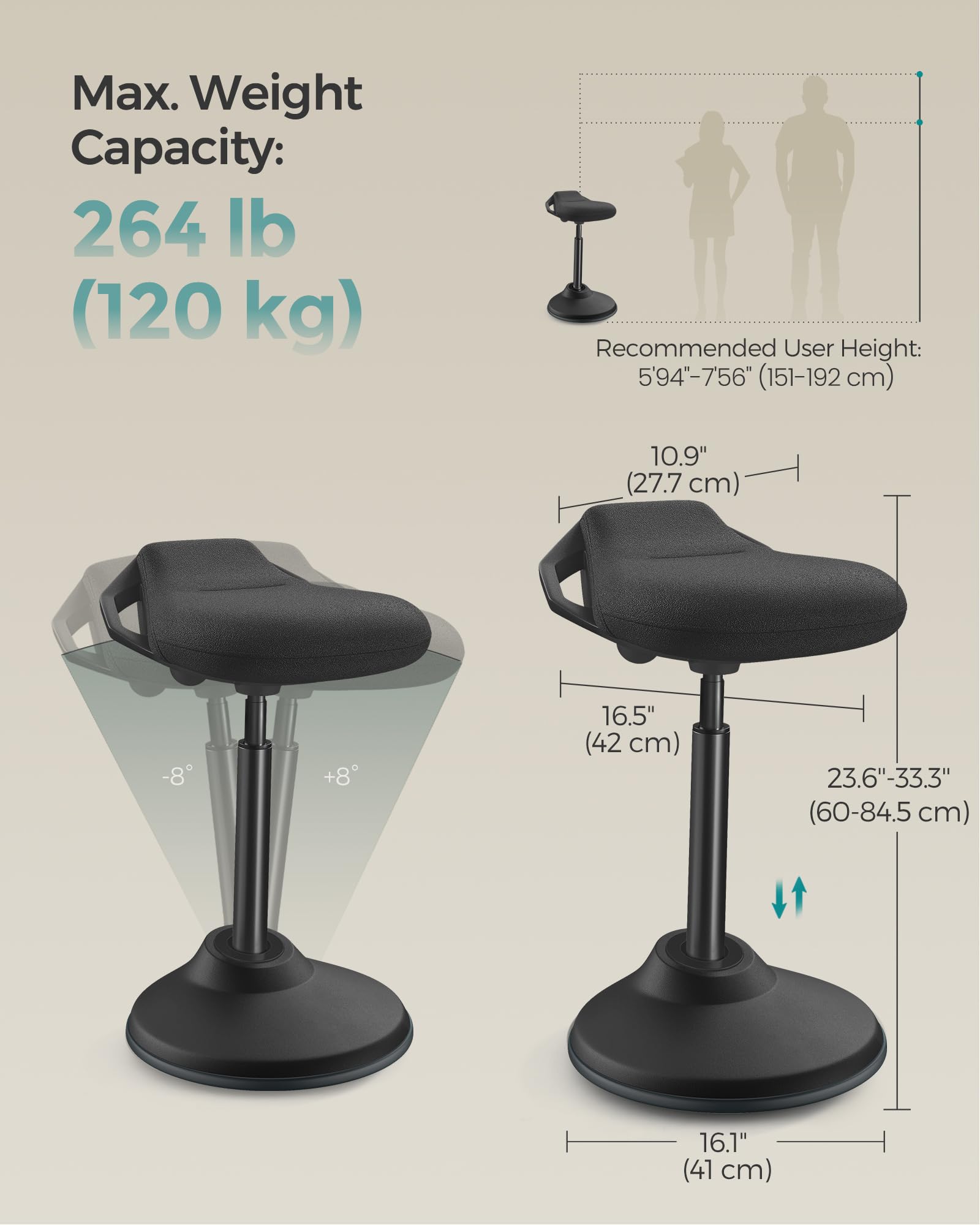 Ergonomic Sit Stand Stool , Height Adjustable Standing Desk Stool 23.6-33.3 Inches, Swivel Balance Chair with Non-Slip Base, Standing Chair, for Active Sitting, Office, Home, Ink Black
