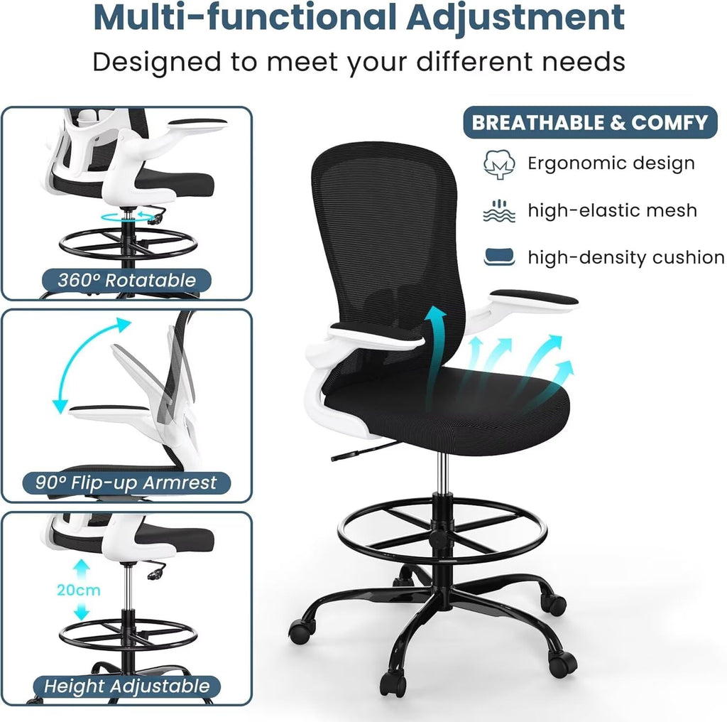Drafting Chair for Standing Desk Executive Ergonomic Computer Chair, Tall Office Chair with Flip-Up Armrests, Adjustable Footrest Ring, Lumbar Support, Height Adjustable Swivel Task Chair (White)