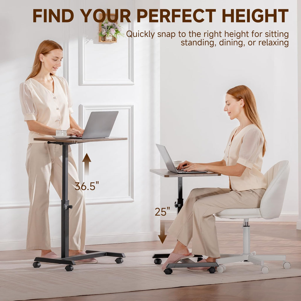 Small Standing Desk, 24 Inches Foldable Mobile Rolling Laptop PC Table with Lockable Casters, Adjustable Height Overbed Bedside Table Computer Workstation for Home Office, Dark Brown-Foldable