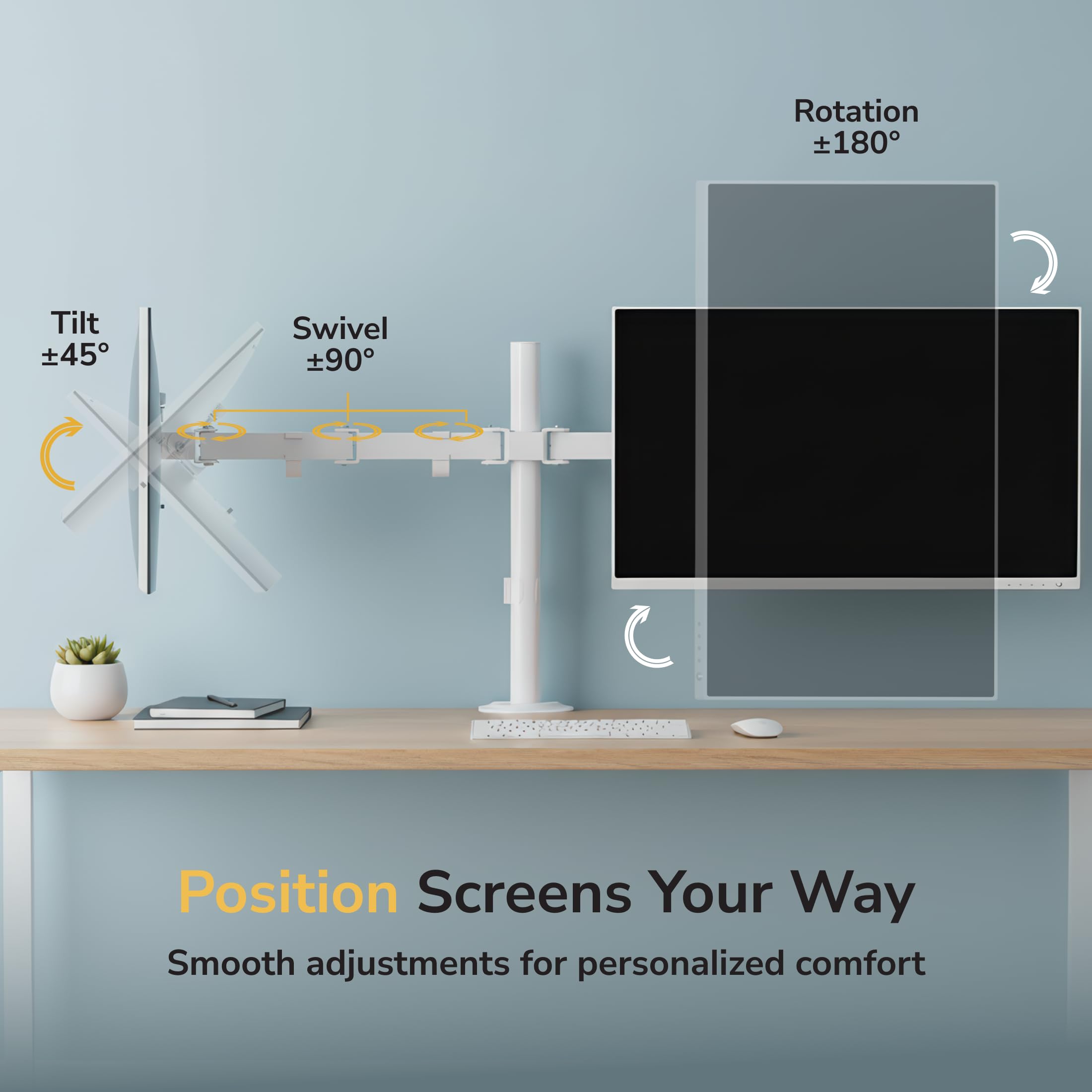 Dual Monitor Mount for Desk, Adjustable Tilt Swivel on Double Monitor Mounts for Screens up to 32”, Dual Monitor Arms for 2 Monitors, VESA 75x75 and 100x100 C-clamp & Grommet in White