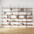 Set of 4, 6-Shelf Tall Bookcase, Wall Mount Bookshelf with Natural Wood Finish and Industrial Metal Frame, Rustic Oak/White