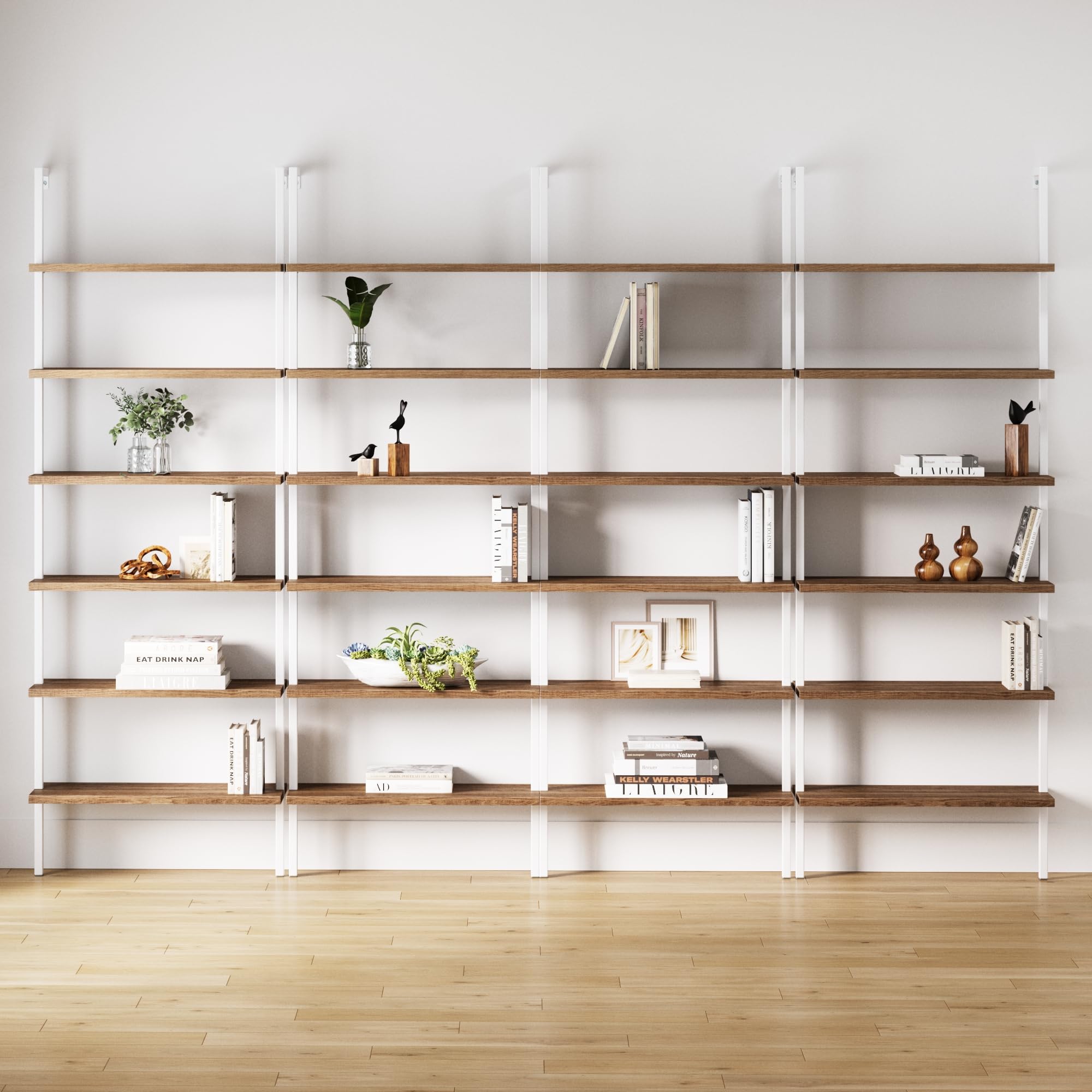 Set of 4, 6-Shelf Tall Bookcase, Wall Mount Bookshelf with Natural Wood Finish and Industrial Metal Frame, Rustic Oak/White