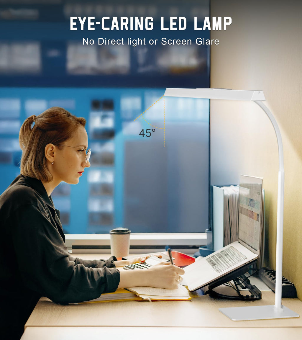 Desk Lamp for Office with Base, Eye-Caring Desk Light with Adjustable Gooseneck, 12W USB Adapter Touch Control 5 Dimmable Brightness & Color Tall Lamp for Work, Computer, Study, Task