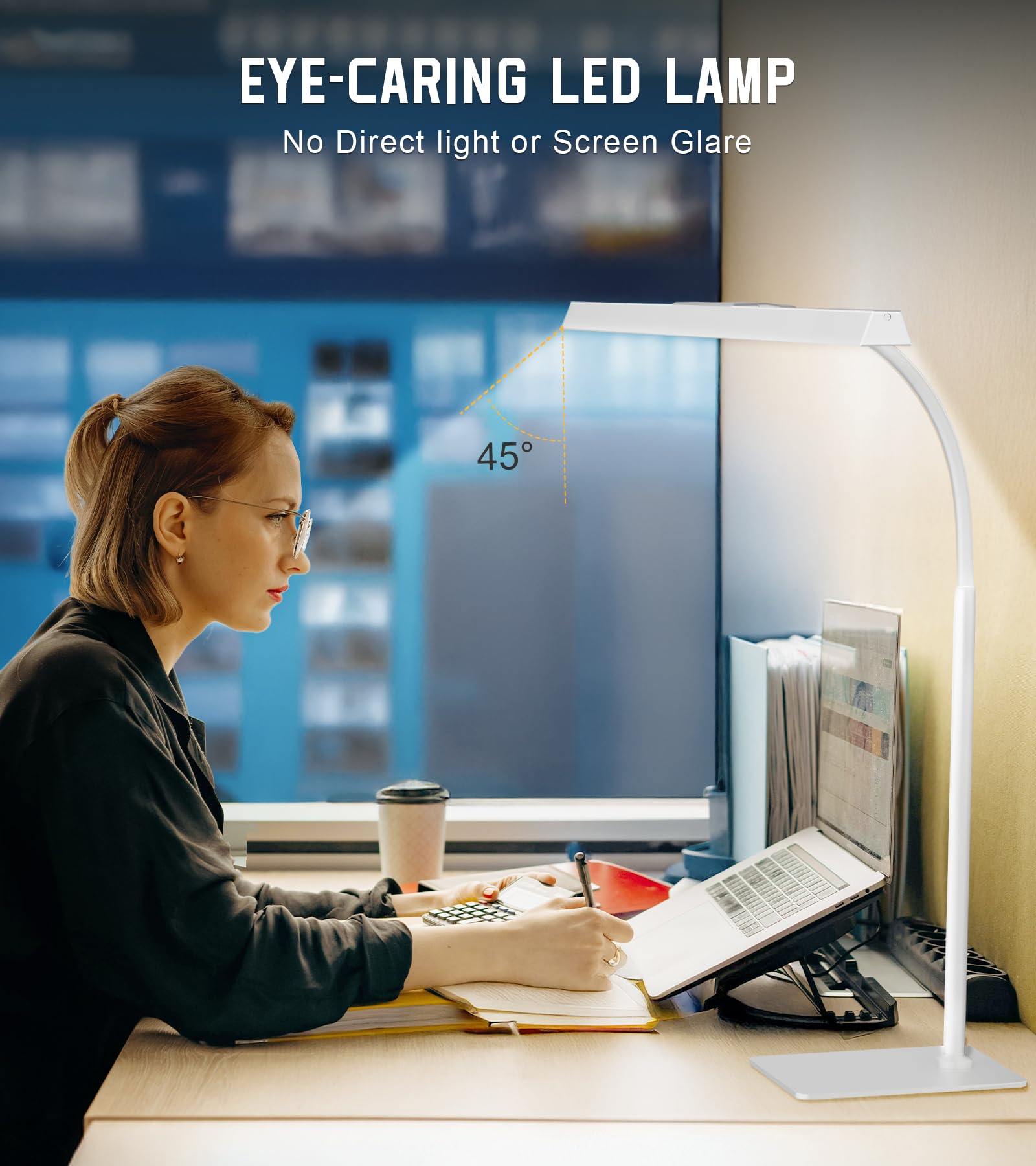 Desk Lamp for Office with Base, Eye-Caring Desk Light with Adjustable Gooseneck, 12W USB Adapter Touch Control 5 Dimmable Brightness & Color Tall Lamp for Work, Computer, Study, Task