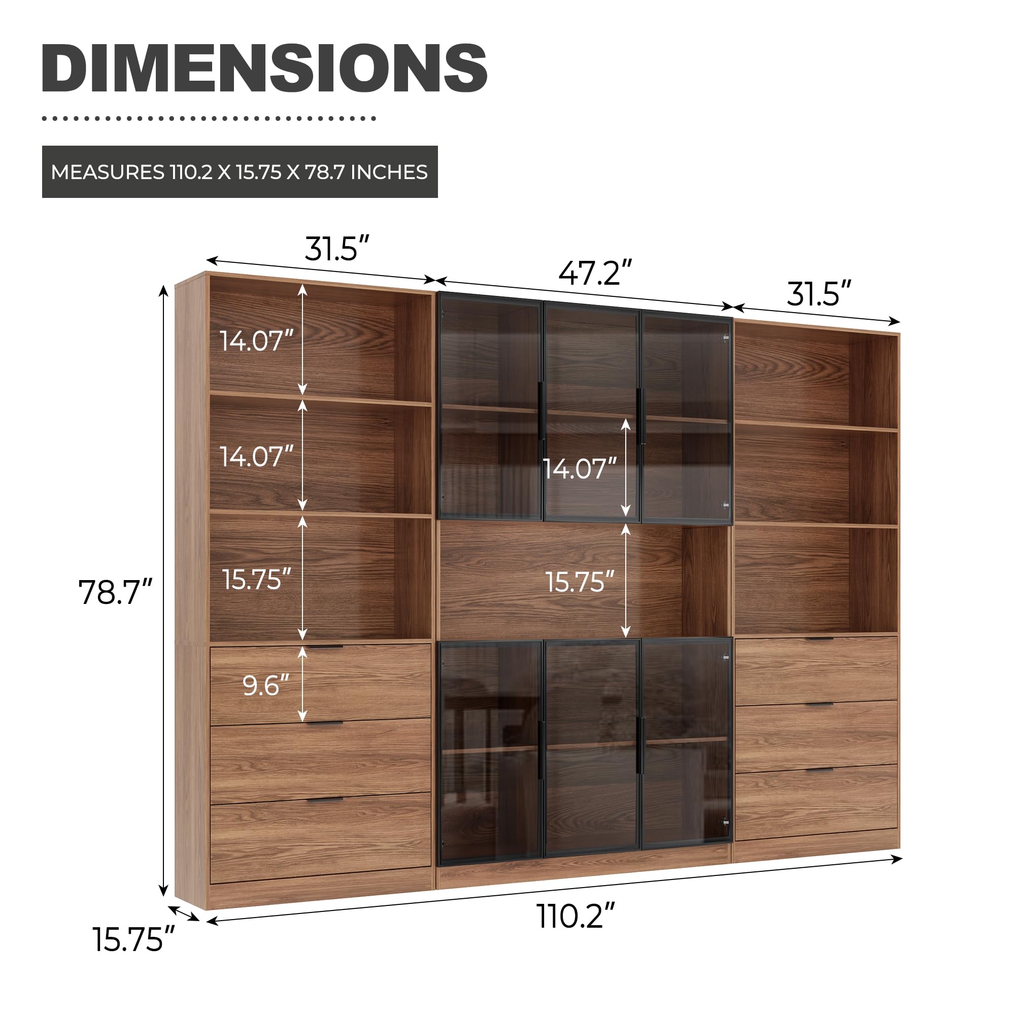 78.7" H Tall Bookcase Storage Cabinet with LED Lights and Drawers, 5 Tier Wood Storage Shelves with Glass Doors, Expandable Bookshelf Display Cabinet for Living Room, Home Office (A+C+A)