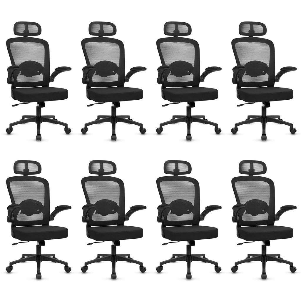 KLASIKA Home Office Desk Chair with Flip Up Armrests, Mesh Back Chair with Adjustable Height Lumbar Support and Headrest, Ergonomic Computer Task Chair for School, Conference, Black(8PK)
