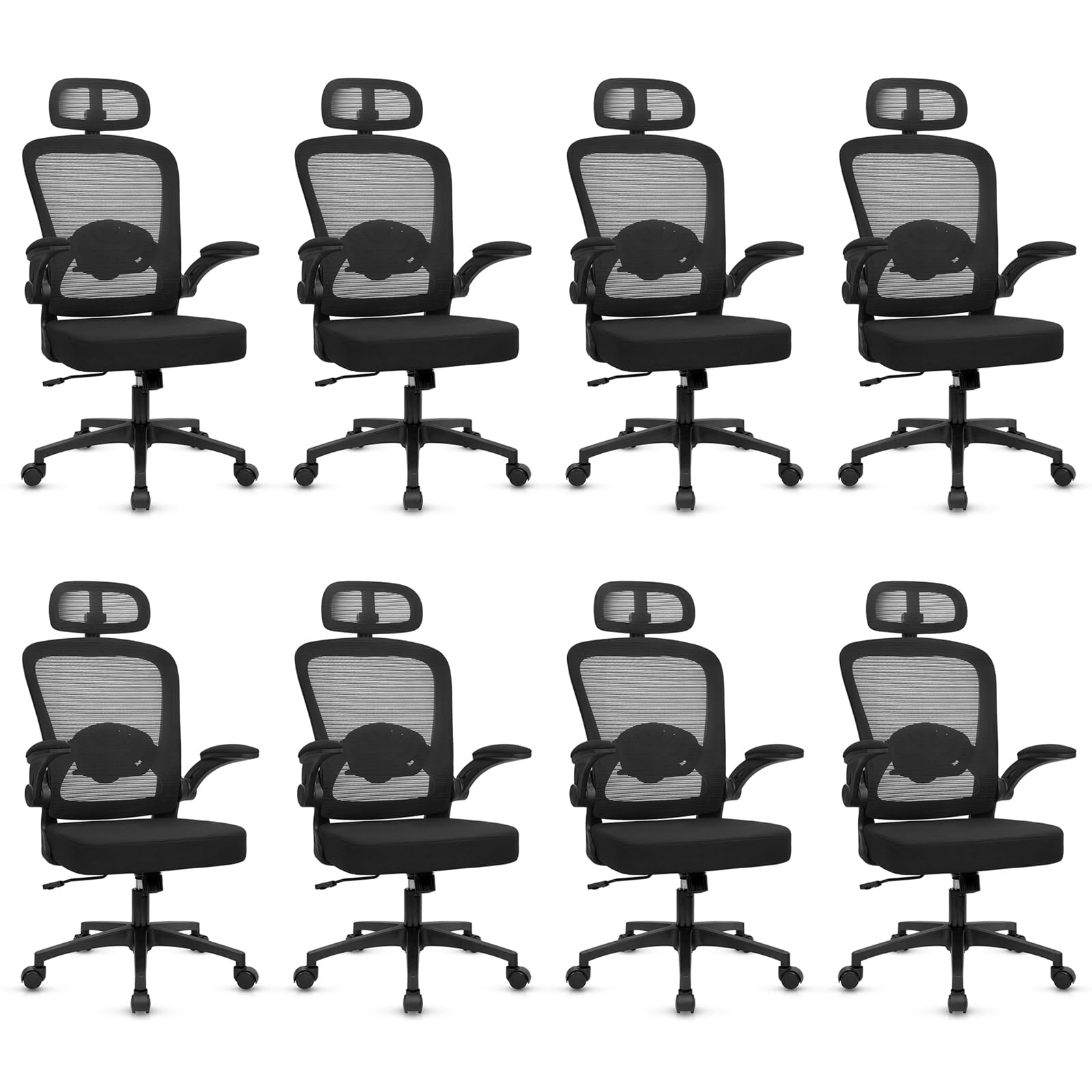 KLASIKA Home Office Desk Chair with Flip Up Armrests, Mesh Back Chair with Adjustable Height Lumbar Support and Headrest, Ergonomic Computer Task Chair for School, Conference, Black(8PK)