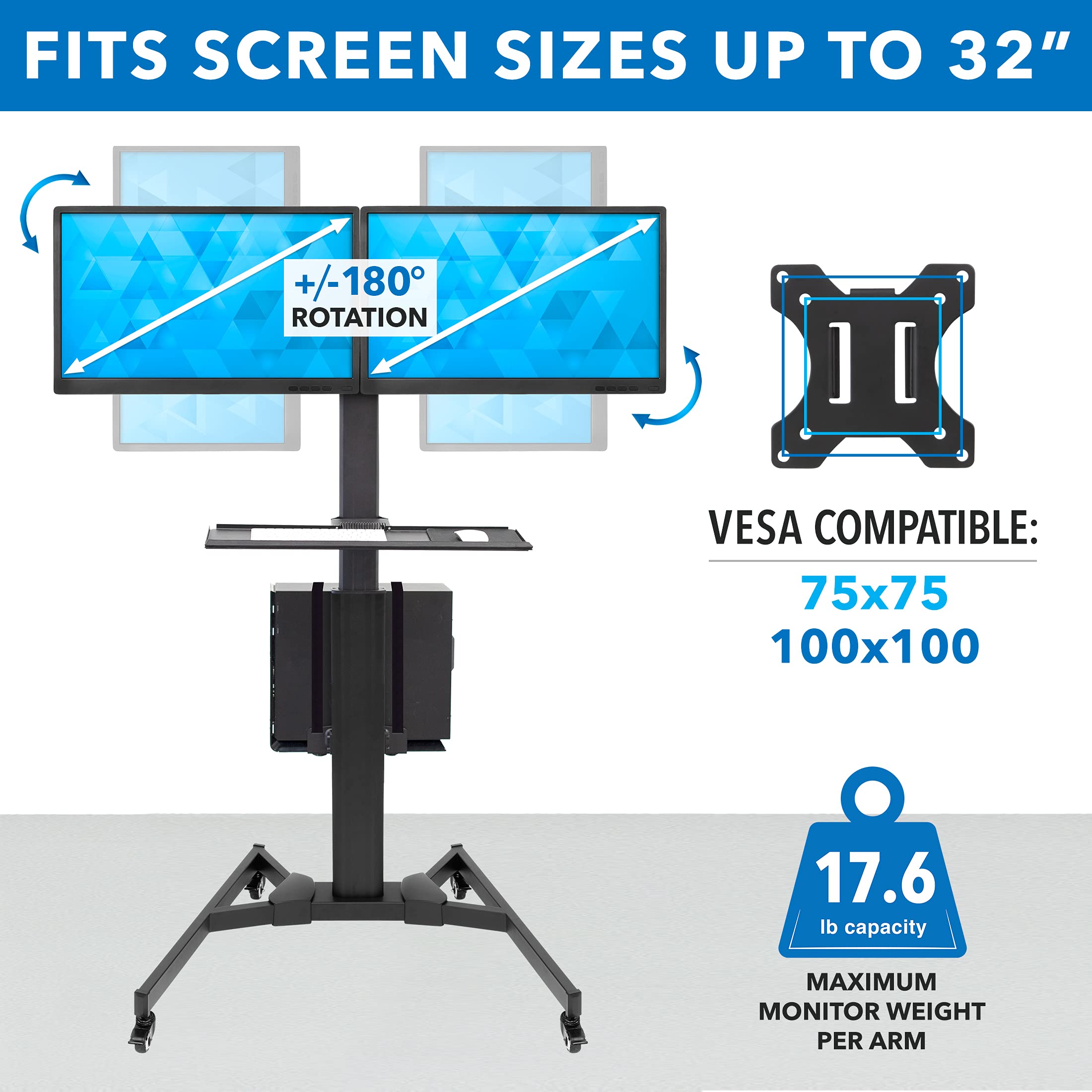 Dual Monitor Computer Cart – Mobile Standing Desk with Wheels, Rolling Workstation with Keyboard Tray, CPU Holder, and Adjustable Screen Mount for Office, Medical, or Warehouse