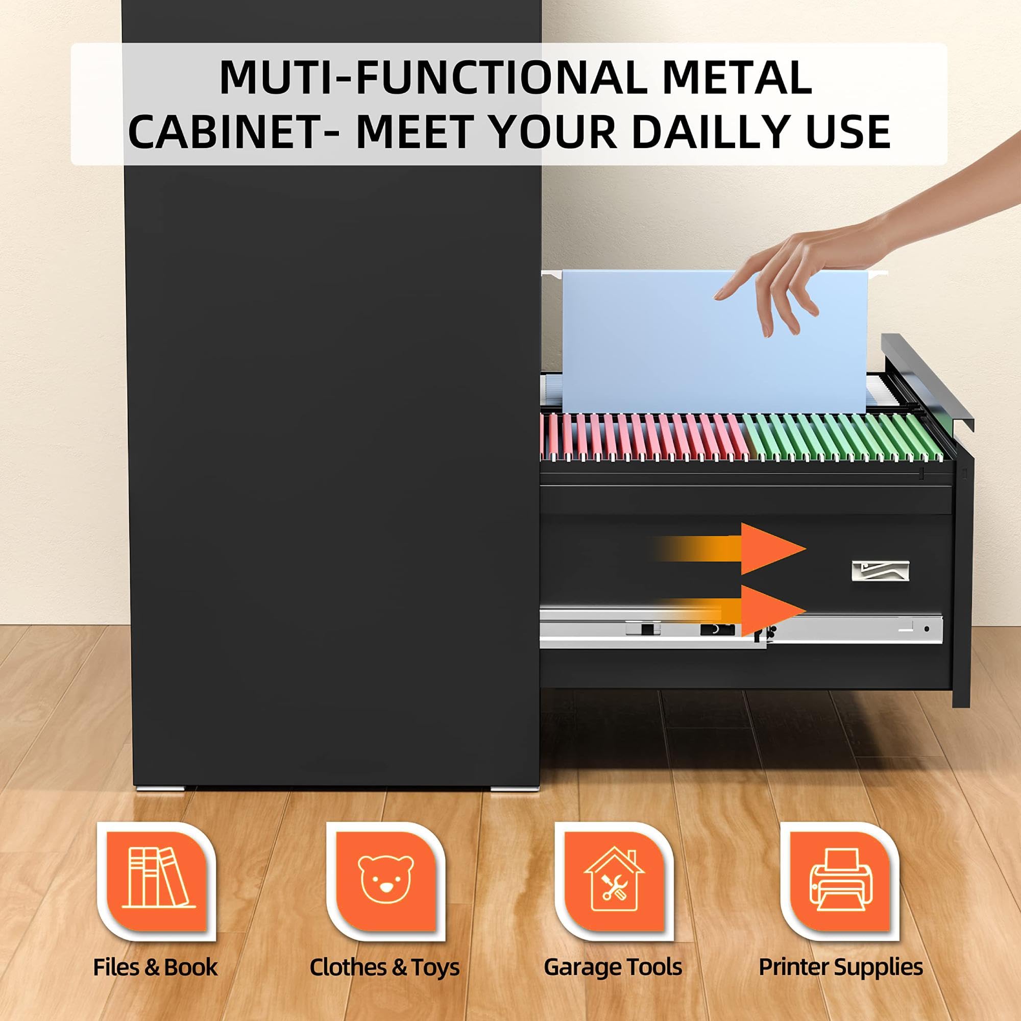 Lateral File Cabinet 2 Drawer, Black Metal File Cabinets for Home Office, Locking File Cabinet for Letter/Legal/F4/A4 Size, Easy Assembly