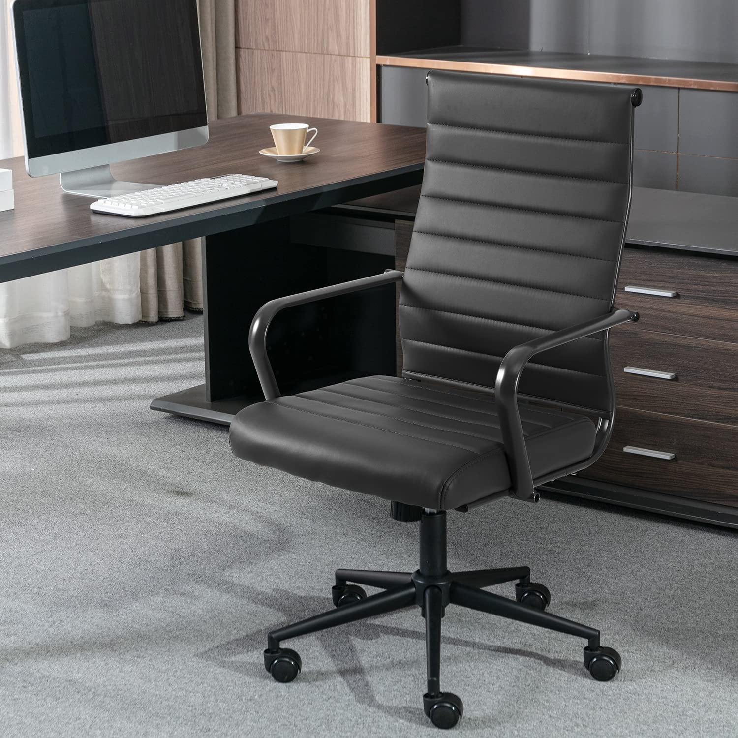 Black Office Chair, Ergonomic Leather Modern Office Chair, Executive Ribbed Height Adjustable Swivel Rolling Chair for Home Office.
